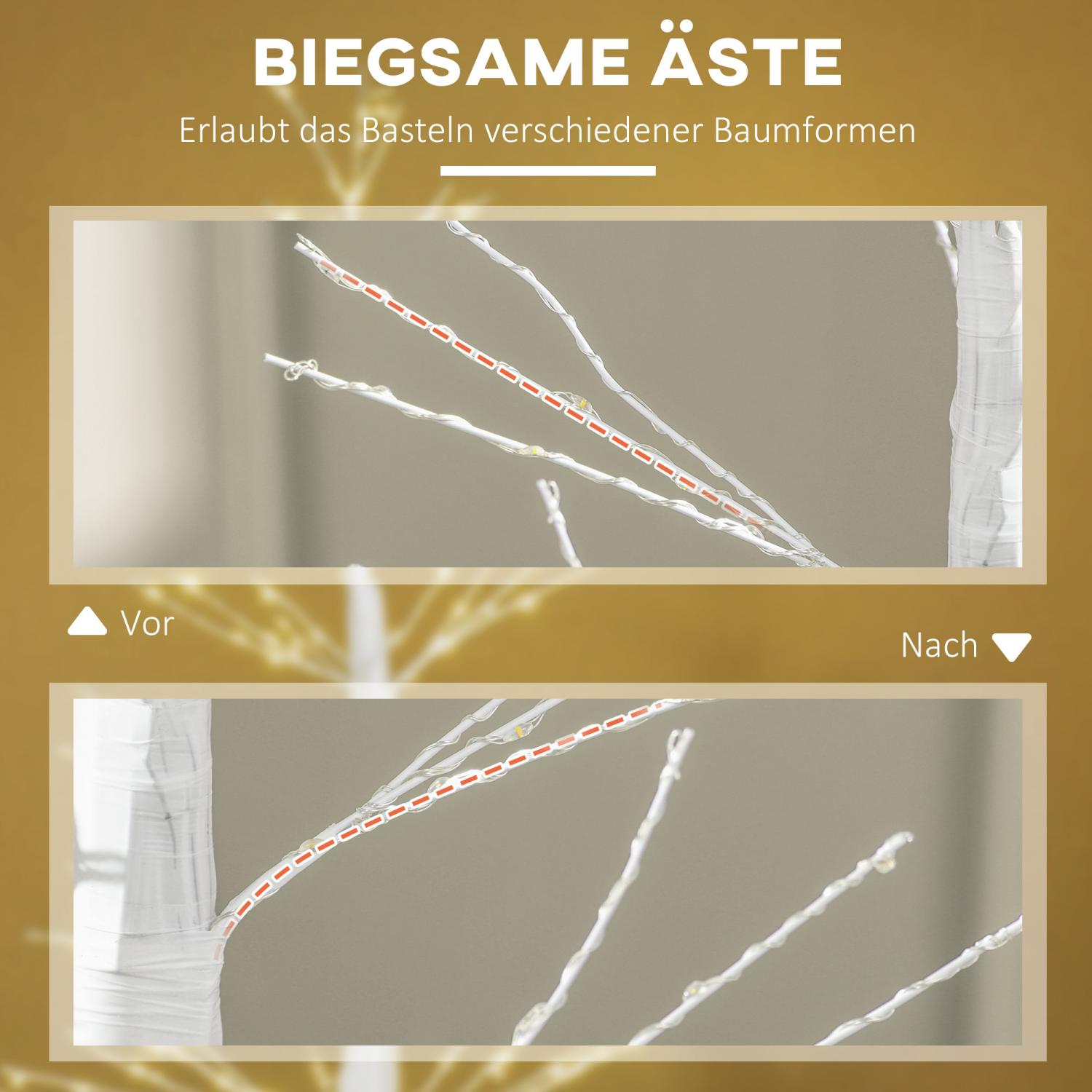 Das Bild zeigt biegsame Äste vor und nach dem Biegen. Text: 'Biegsame Äste ermöglichen die Gestaltung verschiedener Baumformen'.