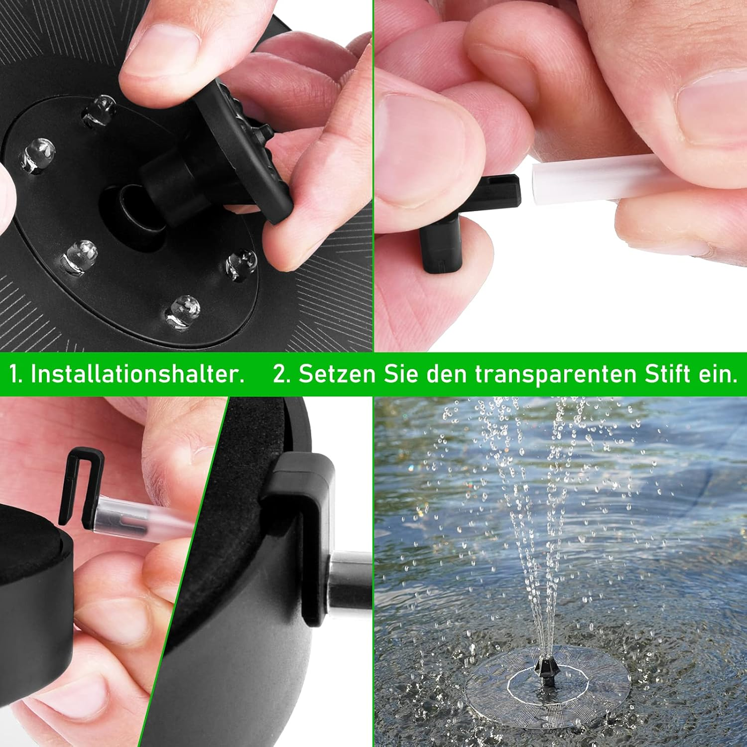 Montageschritte eines Brunnens. Hände halten Teile. Klares Rohr wird in schwarze Teile eingesetzt. Wasserbrunnen in Aktion.