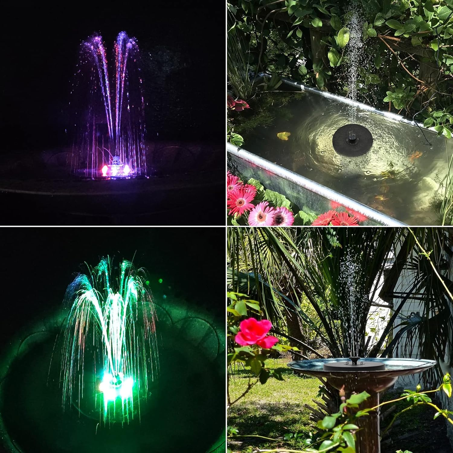 Vier Bilder von Springbrunnen. Einer hat lila Lichter, einer ist in einer Metallwanne, einer hat grüne Lichter und einer in einer Vogeltränke.