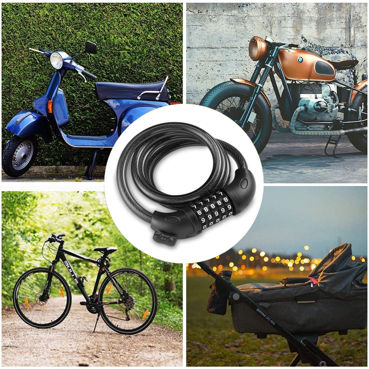 Das Bild zeigt einen blauen Roller, ein schwarzes Fahrradschloss, ein Motorrad, ein Fahrrad und einen Kinderwagen. Der Hintergrund variiert.