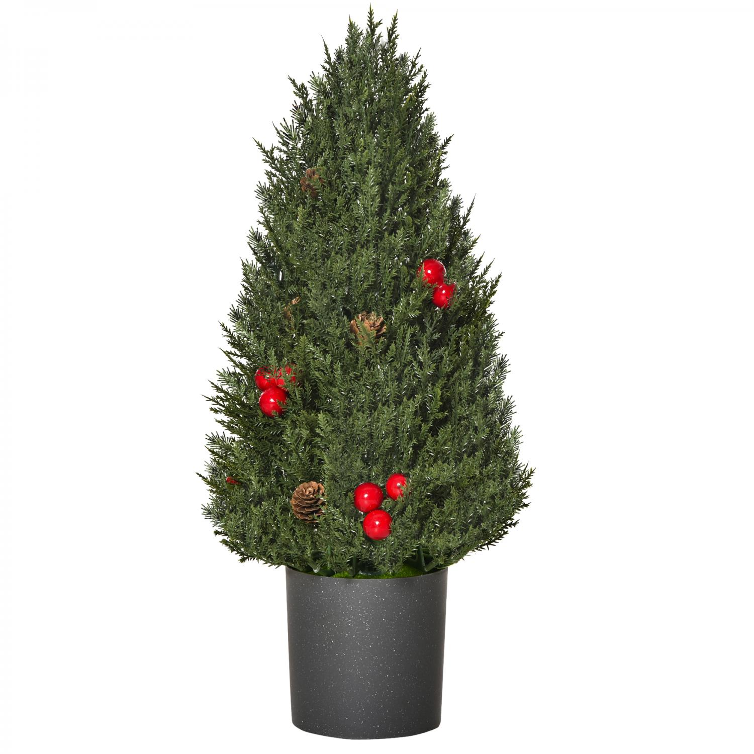 Ein kleiner, grüner Weihnachtsbaum mit roten Beeren und Tannenzapfen, in einem dunkelgrauen, gesprenkelten Topf, vor weißem Hintergrund.