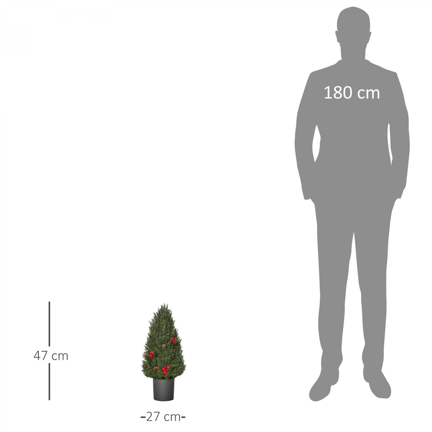 Eine Personensilhouette neben einem kleinen, dekorierten Weihnachtsbaum. Maße sind für beide angegeben.