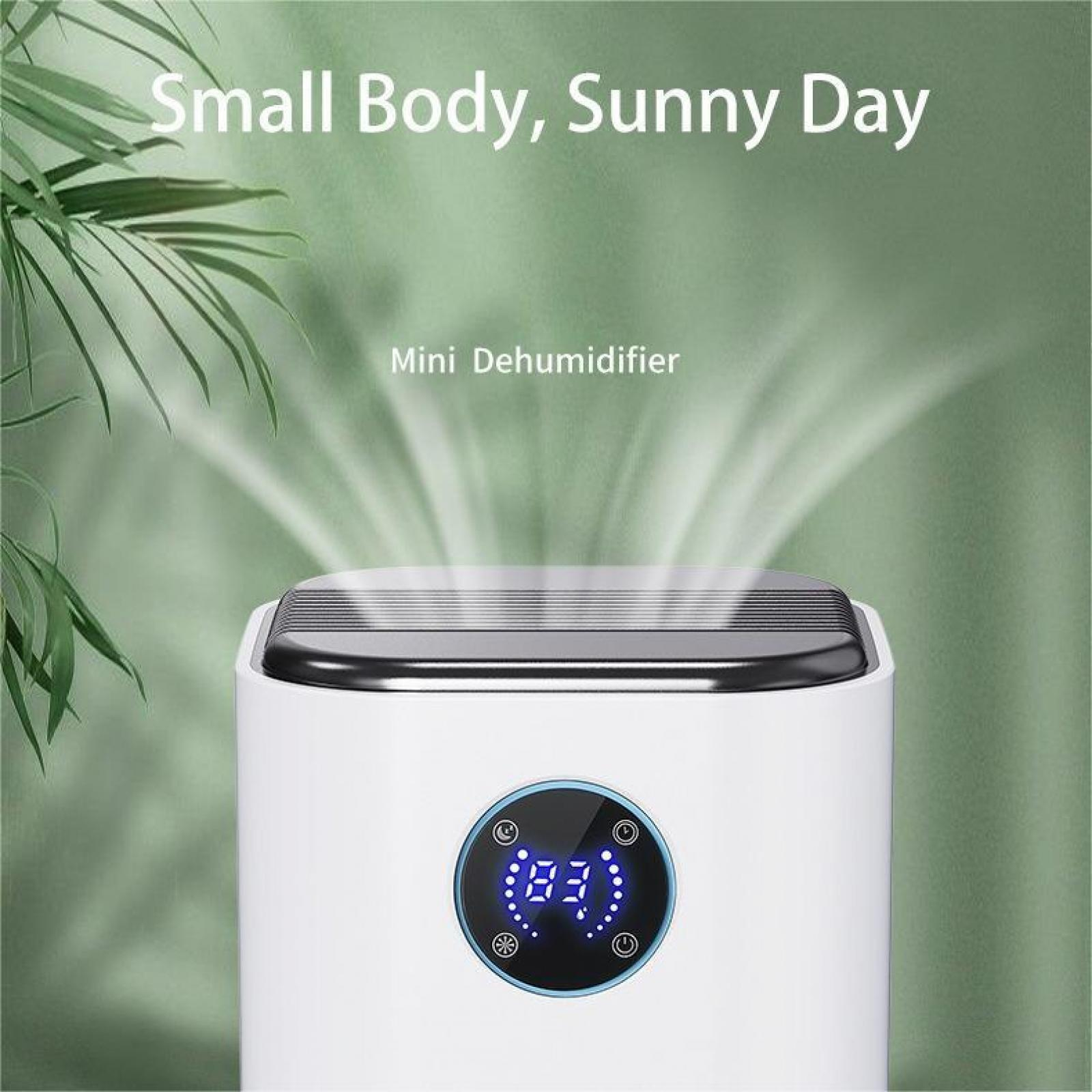 Mini-Luftentfeuchter mit Digitalanzeige, die 83 anzeigt. Weißes Gehäuse, schwarze Oberseite. Grüner Hintergrund mit Text 'Small Body, Sunny Day'.
