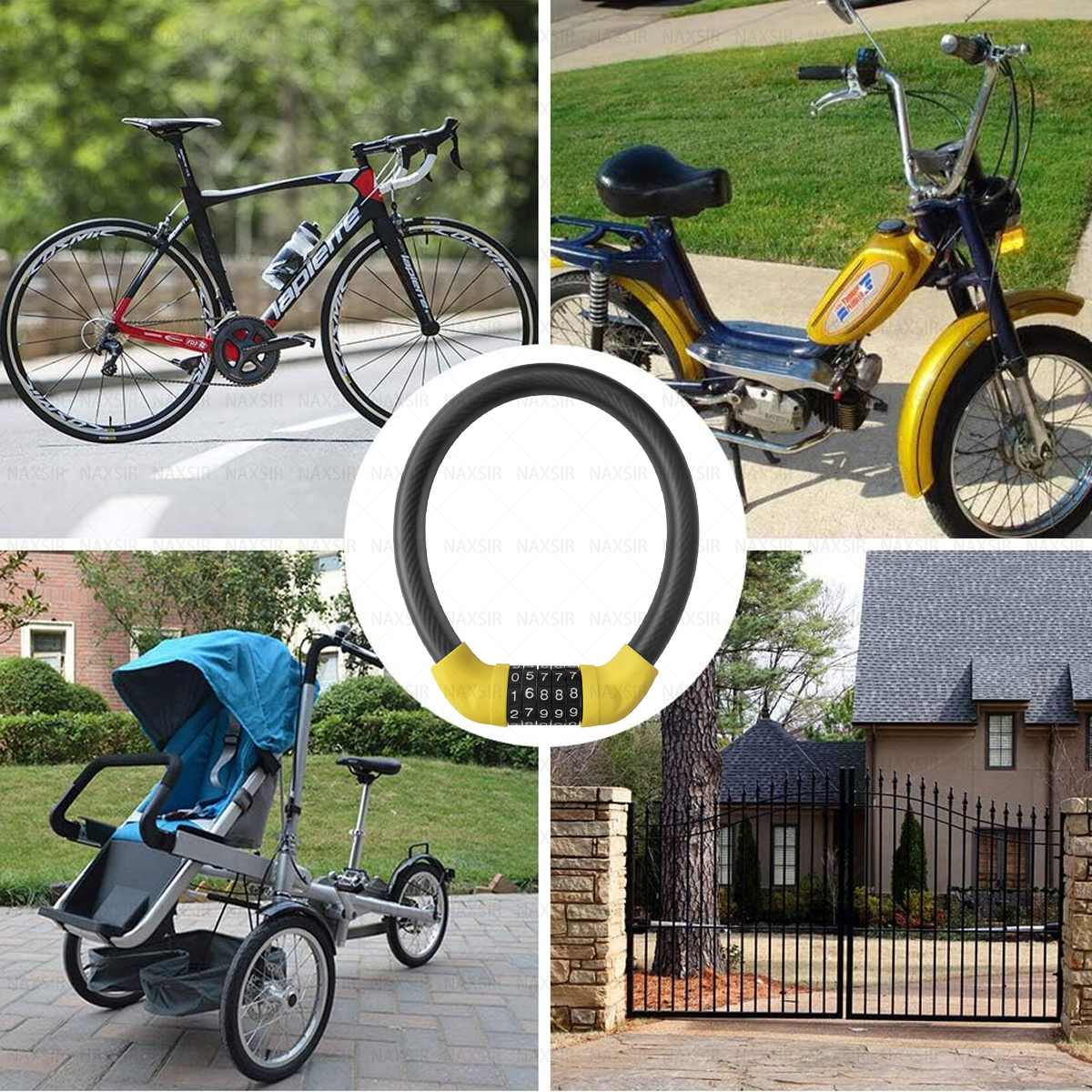 Das Bild zeigt ein Rennrad, einen Roller, einen Kinderwagen, ein Tor und ein Zahlenschloss. Das Schloss ist schwarz und gelb.