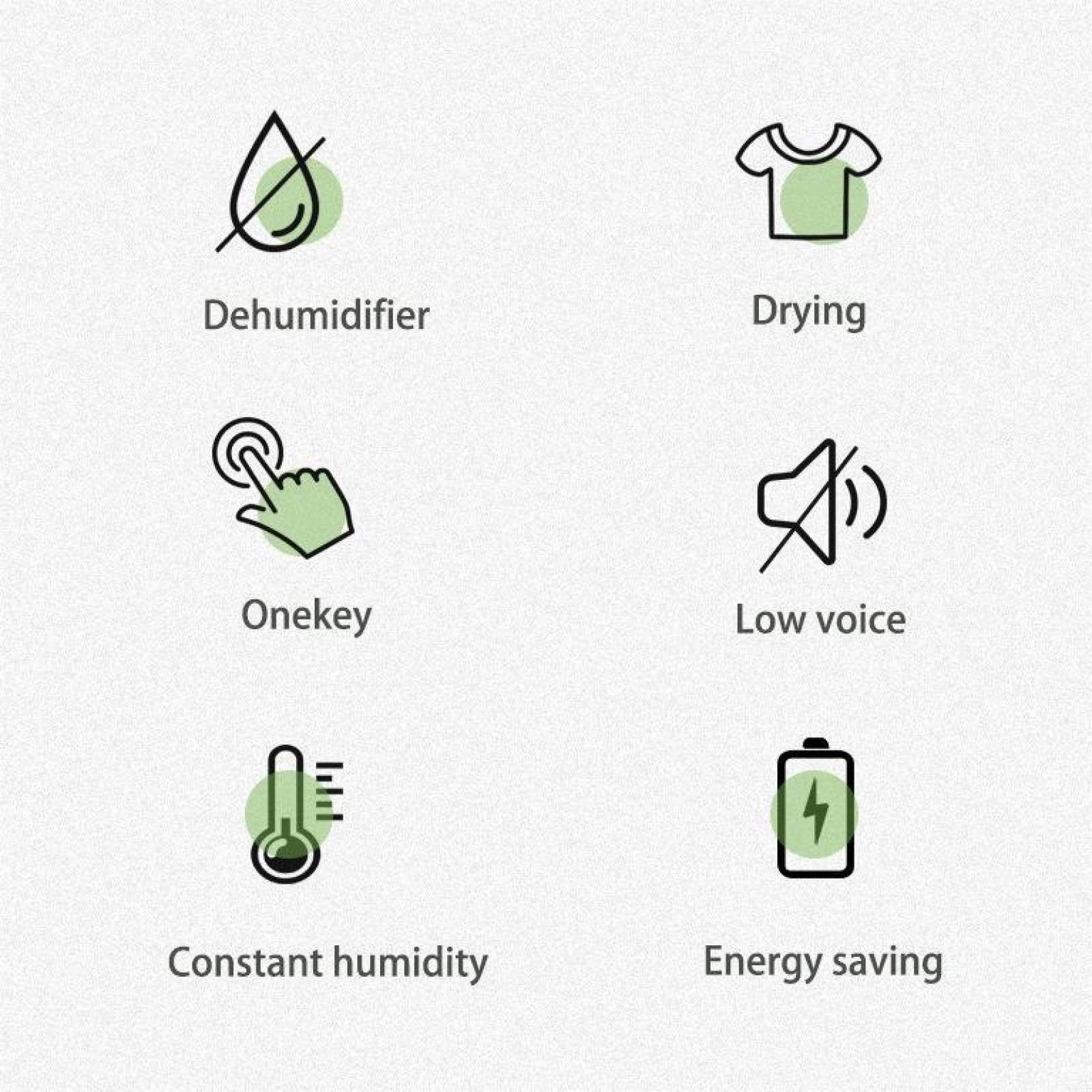 Symbole zeigen einen Luftentfeuchter, Trocknen von Kleidung, Ein-Tasten-Bedienung, geringe Lautstärke, konstante Luftfeuchtigkeit und Energiesparen.