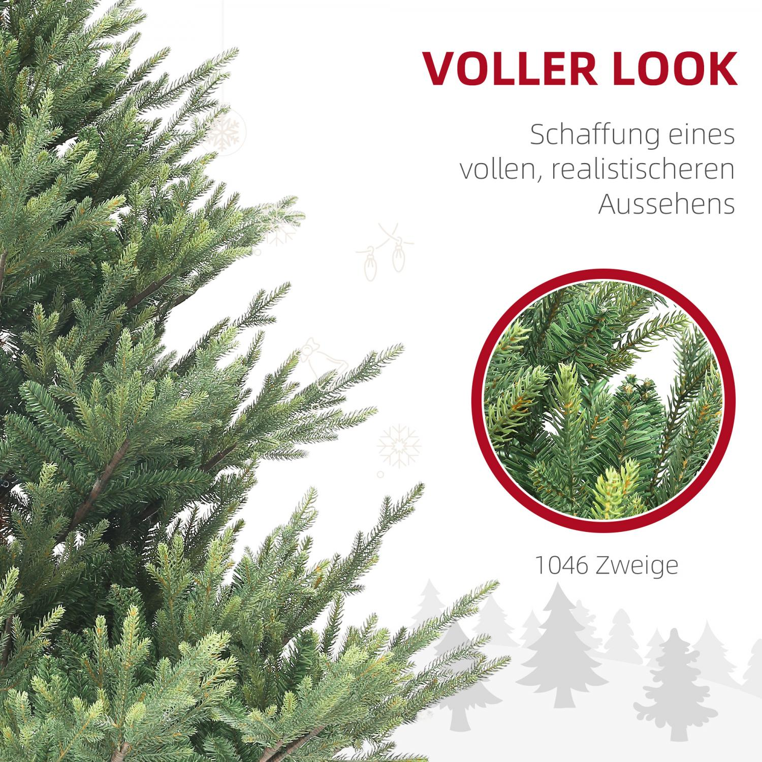 Nahaufnahme eines grünen künstlichen Weihnachtsbaums. Ein roter Kreis zeigt eine Detailansicht. Text sagt 'Voller Look' und '1046 Zweige'.