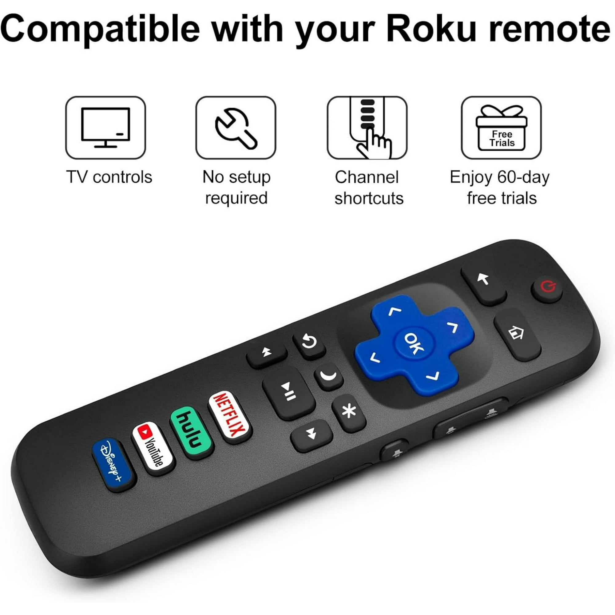 Eine schwarze Roku-Fernbedienung mit Tasten für TV-Steuerung, Verknüpfungen und Streaming-Dienste wie Netflix. Sie hat auch eine blaue OK-Taste.