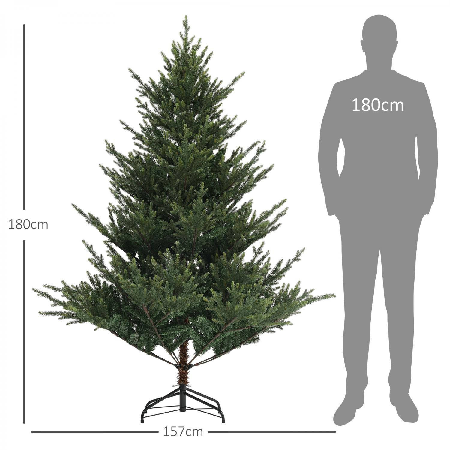 Ein grüner künstlicher Weihnachtsbaum, 180 cm hoch, neben einer grauen Silhouette einer 180 cm großen Person. Der Baum ist 157 cm breit.