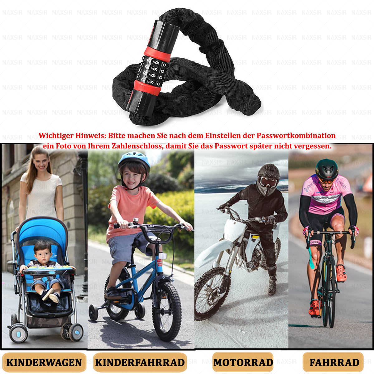 Das Bild zeigt ein Fahrradschloss und vier Bilder von Kindern und Erwachsenen mit verschiedenen Fahrzeugen: Kinderwagen, Fahrrad, Motorrad, Fahrrad.