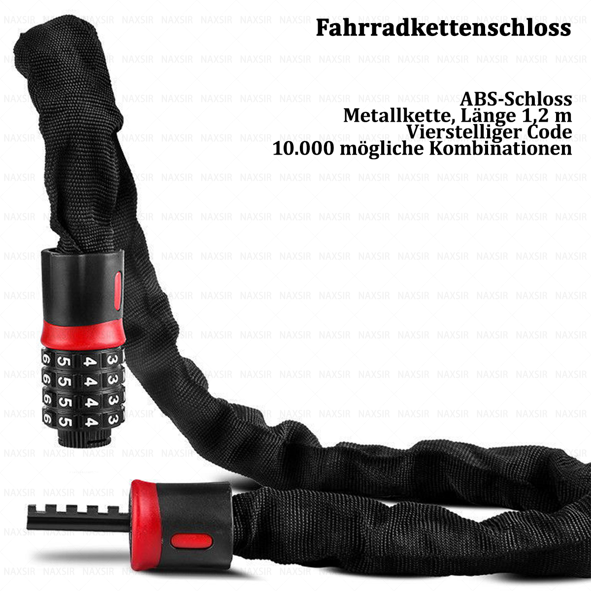 Schwarzes Fahrradkettenschloss mit Zahlenschloss. Der Schloss hat rote Akzente und einen vierstelligen Code.