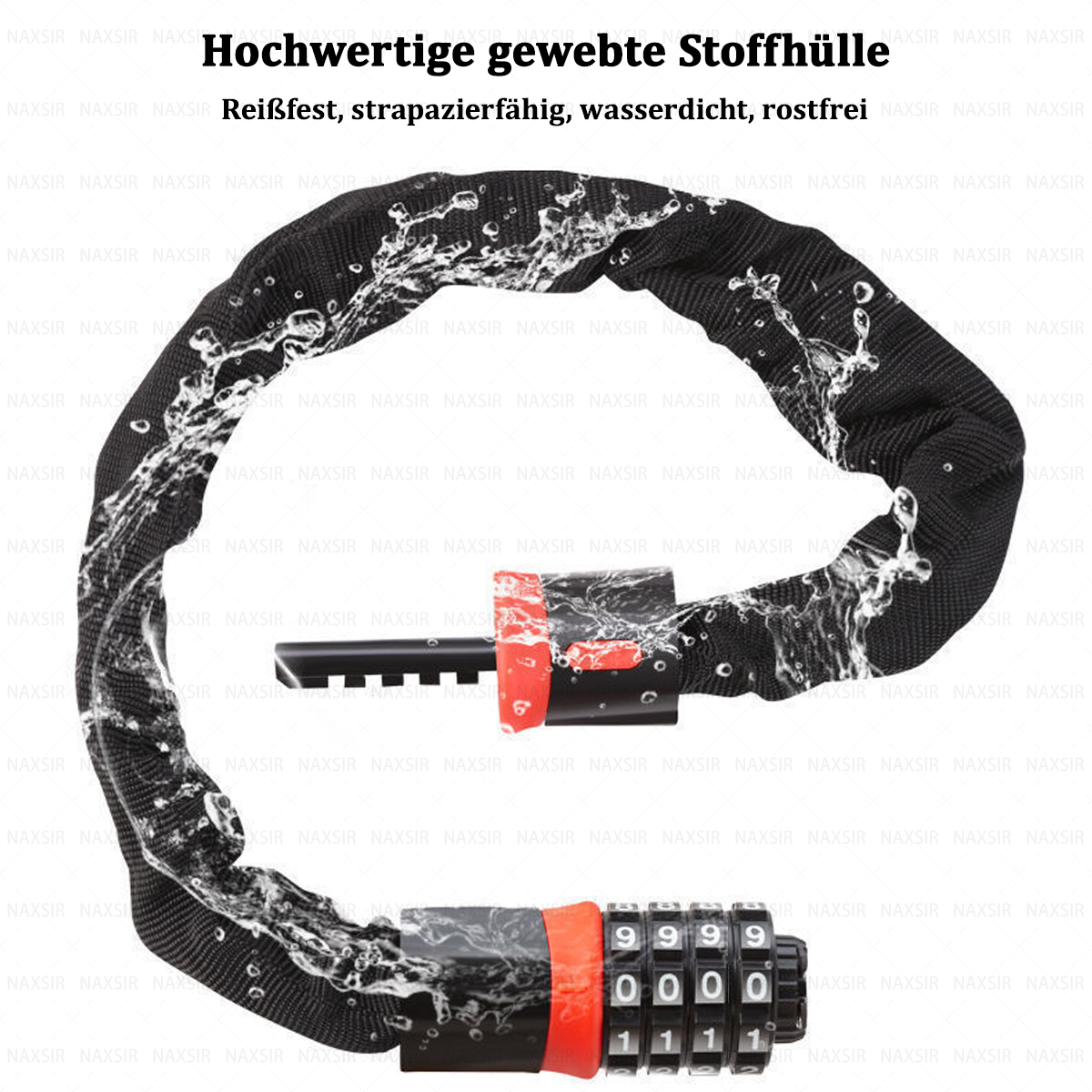 Schwarzes Kettenschloss mit Wassertropfen. Das Schloss hat eine Kombination und rote Akzente. Text: reißfest, wasserdicht, rostfrei.