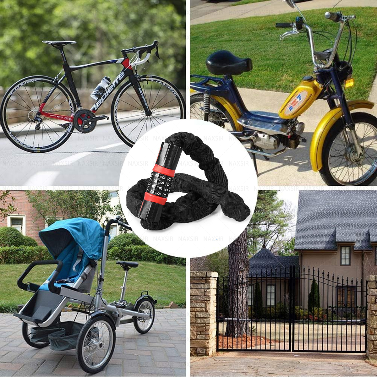 Ein schwarzes Fahrrad, ein gelber Roller, ein schwarzes Kettenschloss, ein blauer Kinderwagen und ein schwarzes Tor vor einem Haus.