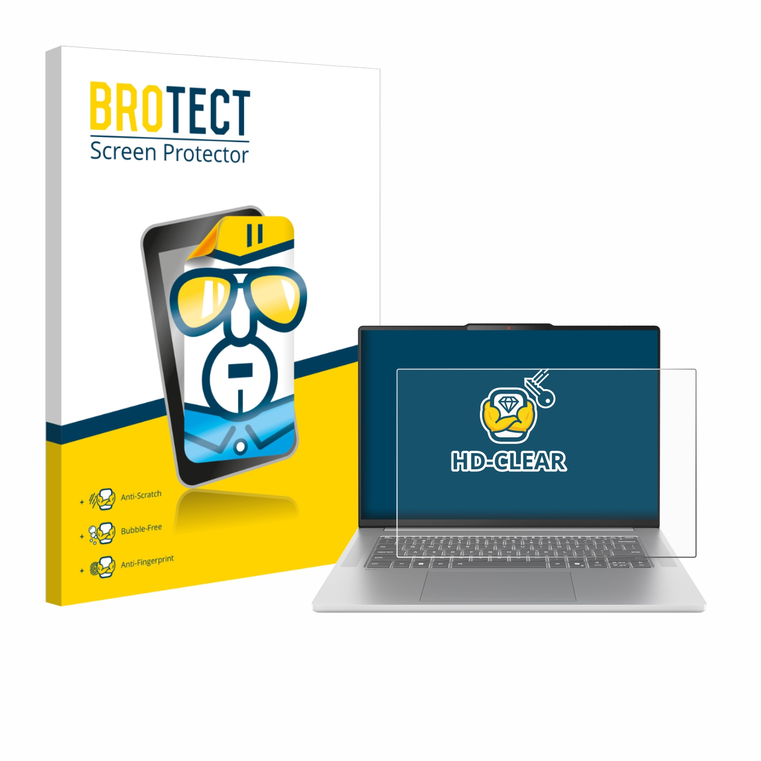 Ein Laptop mit Displayschutzfolie, eine Schachtel mit Details zum Displayschutz und ein telefonähnliches Bild sind zu sehen.