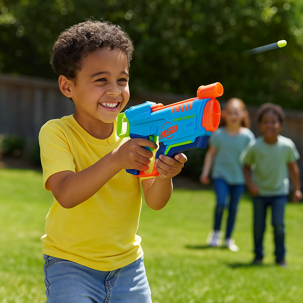 Un niño sonriente con una camisa amarilla sostiene una pistola de juguete azul y naranja. Dos niños en el fondo sobre hierba verde.