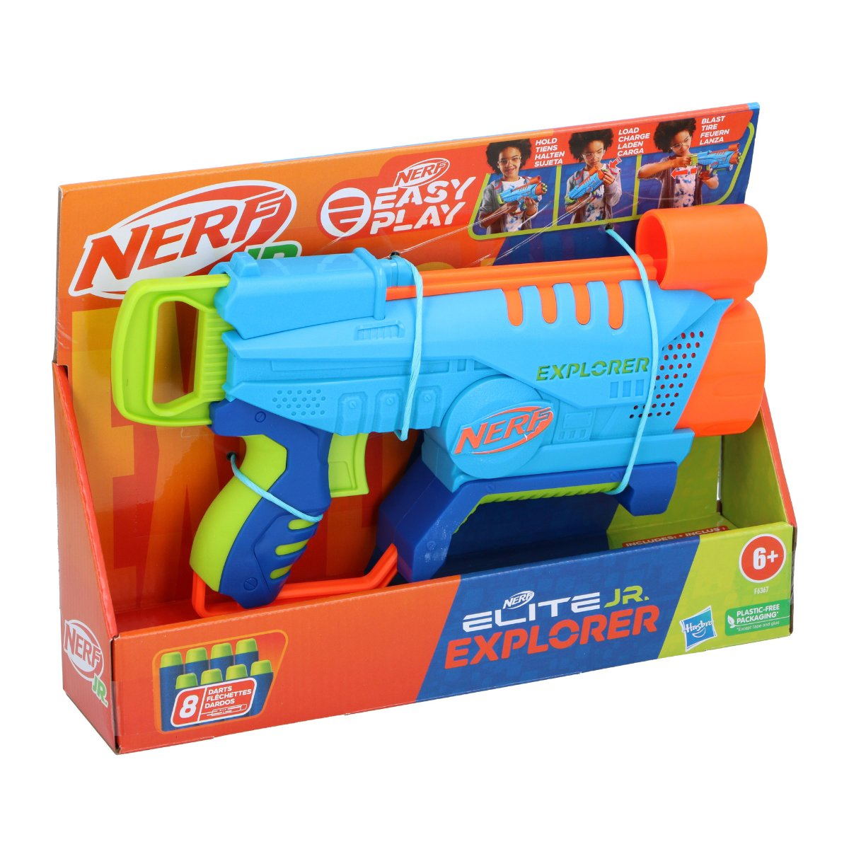 Una pistola giocattolo Nerf Explorer nella sua scatola. La pistola è blu, arancione e verde. La scatola è arancione e blu.