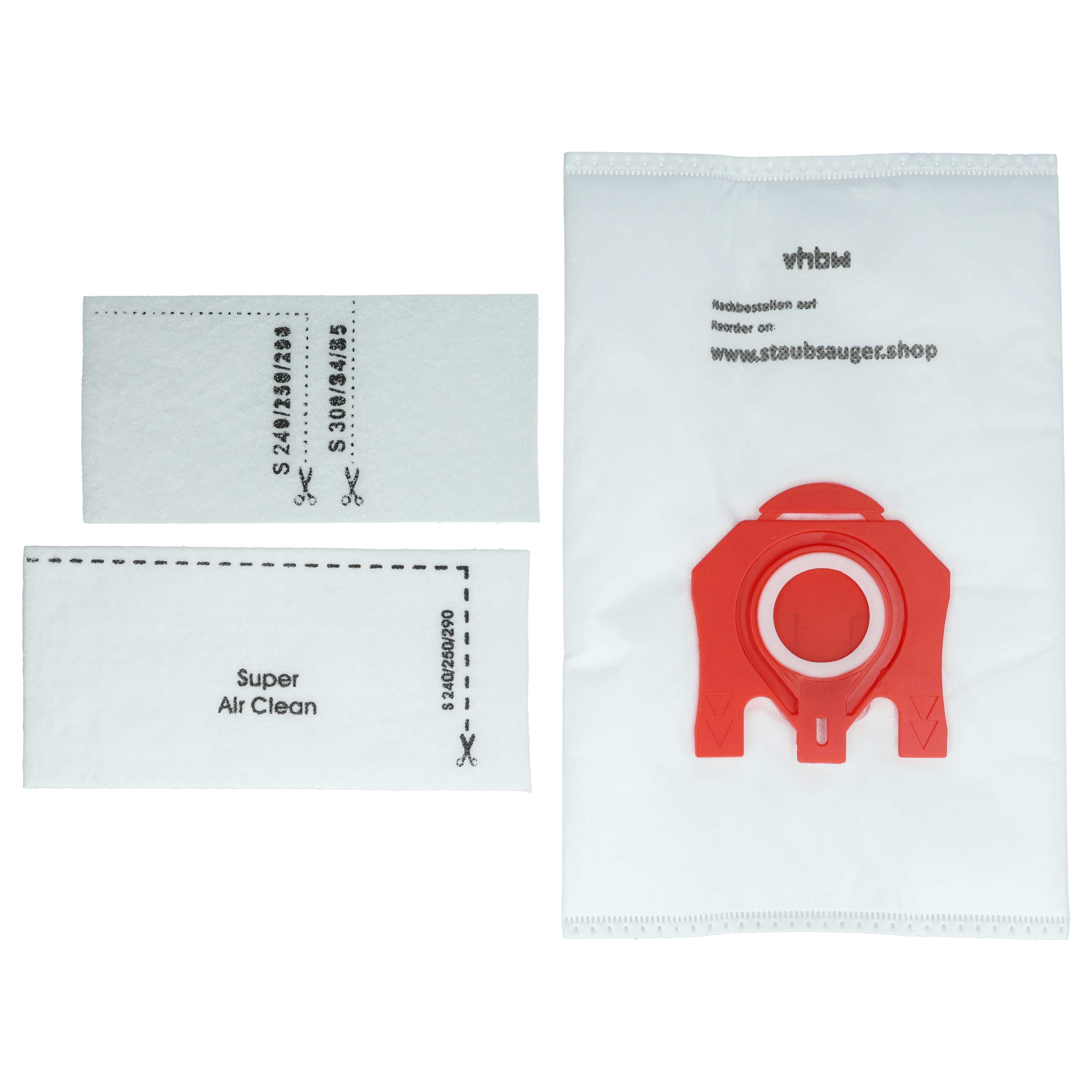 Weißer Staubsaugerbeutel mit roter Kunststoffhalterung. Drei weiße Filterstücke mit Text und gestrichelten Linien zum Schneiden.