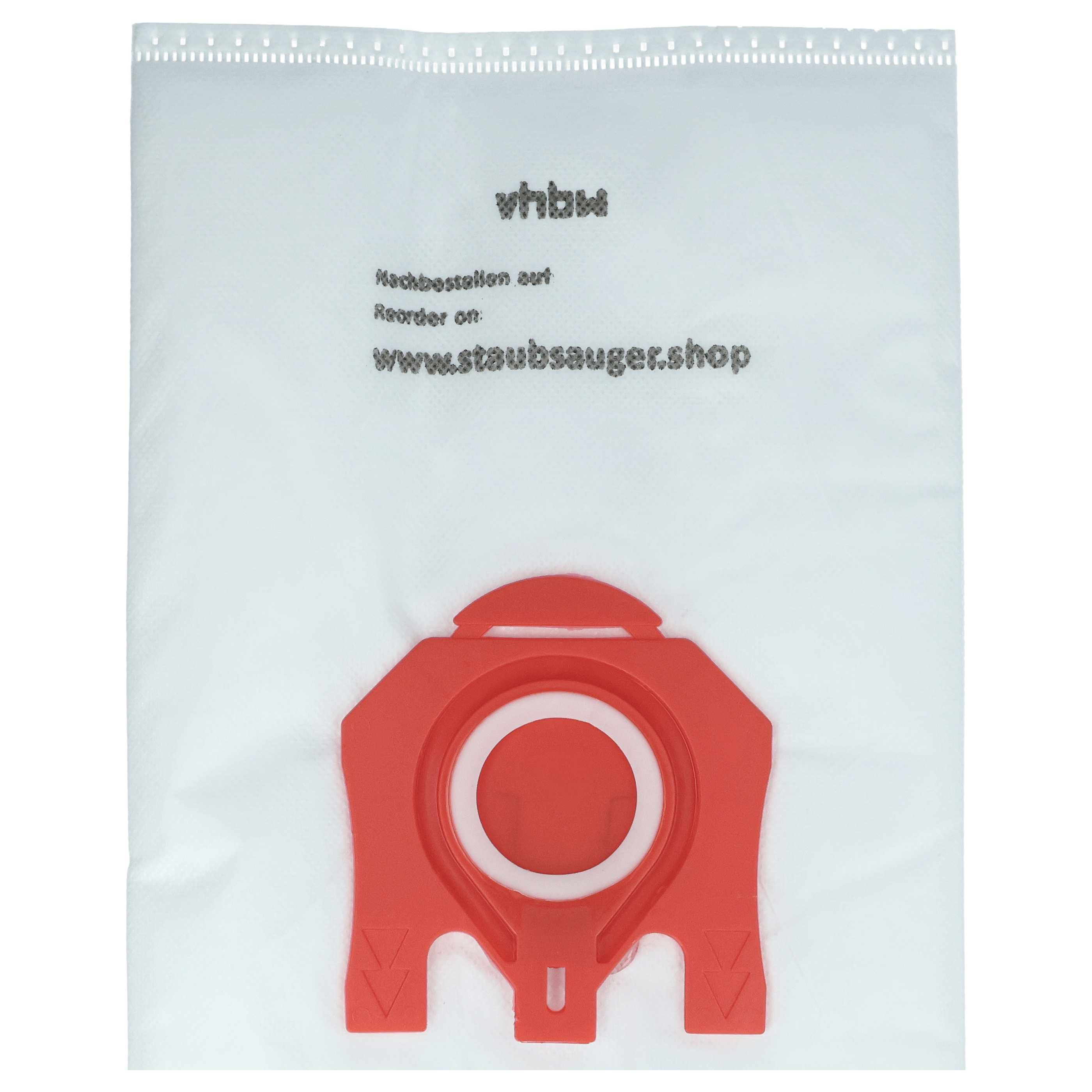 Ein weißer Staubsaugerbeutel mit rotem Kunststoffaufsatz. Auf dem Beutel steht 'vhbw' und 'www.staubsauger.shop'.