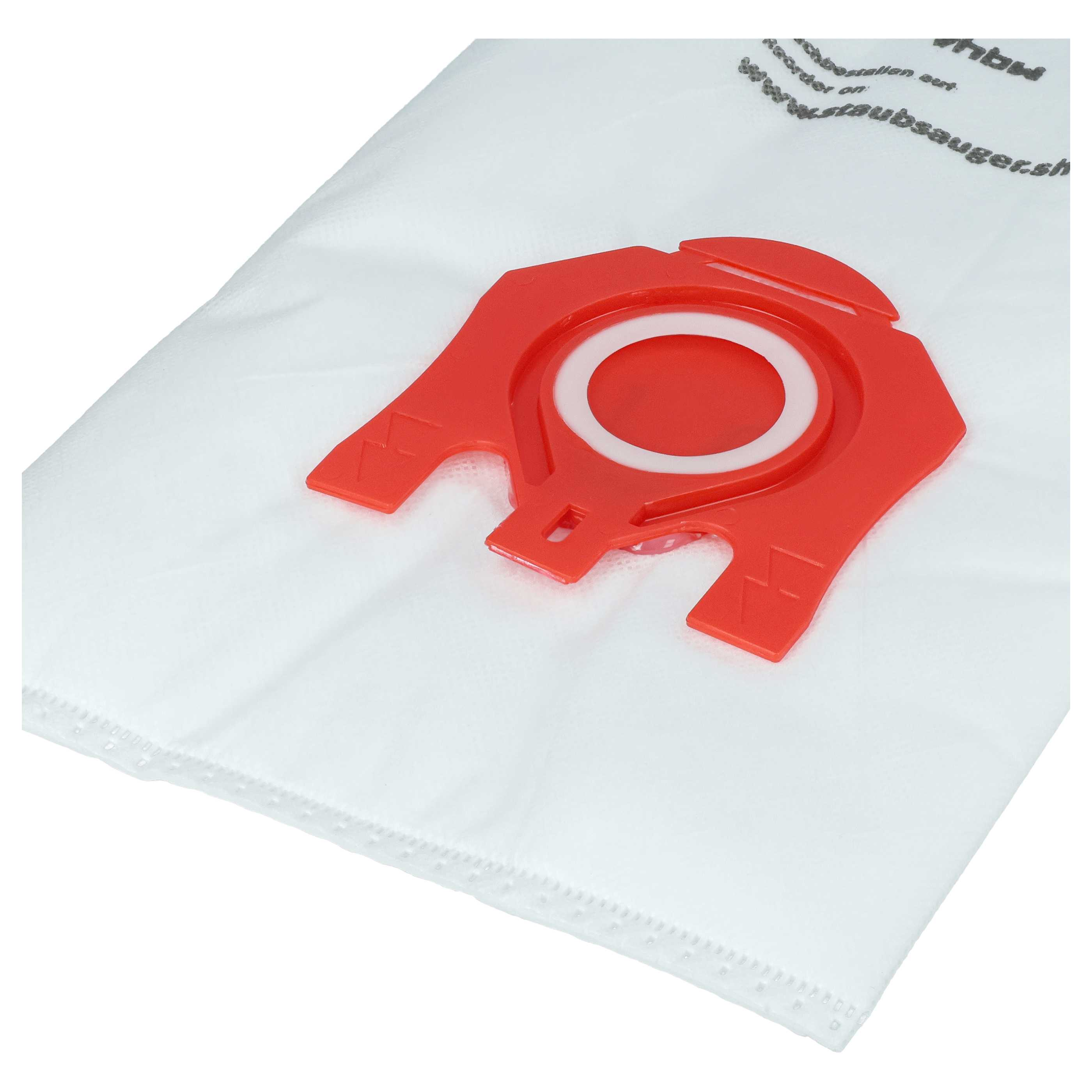 Weißer Staubsaugerbeutel mit rotem Kunststoffanschluss. Der Anschluss hat einen weißen Ring und ein Loch.