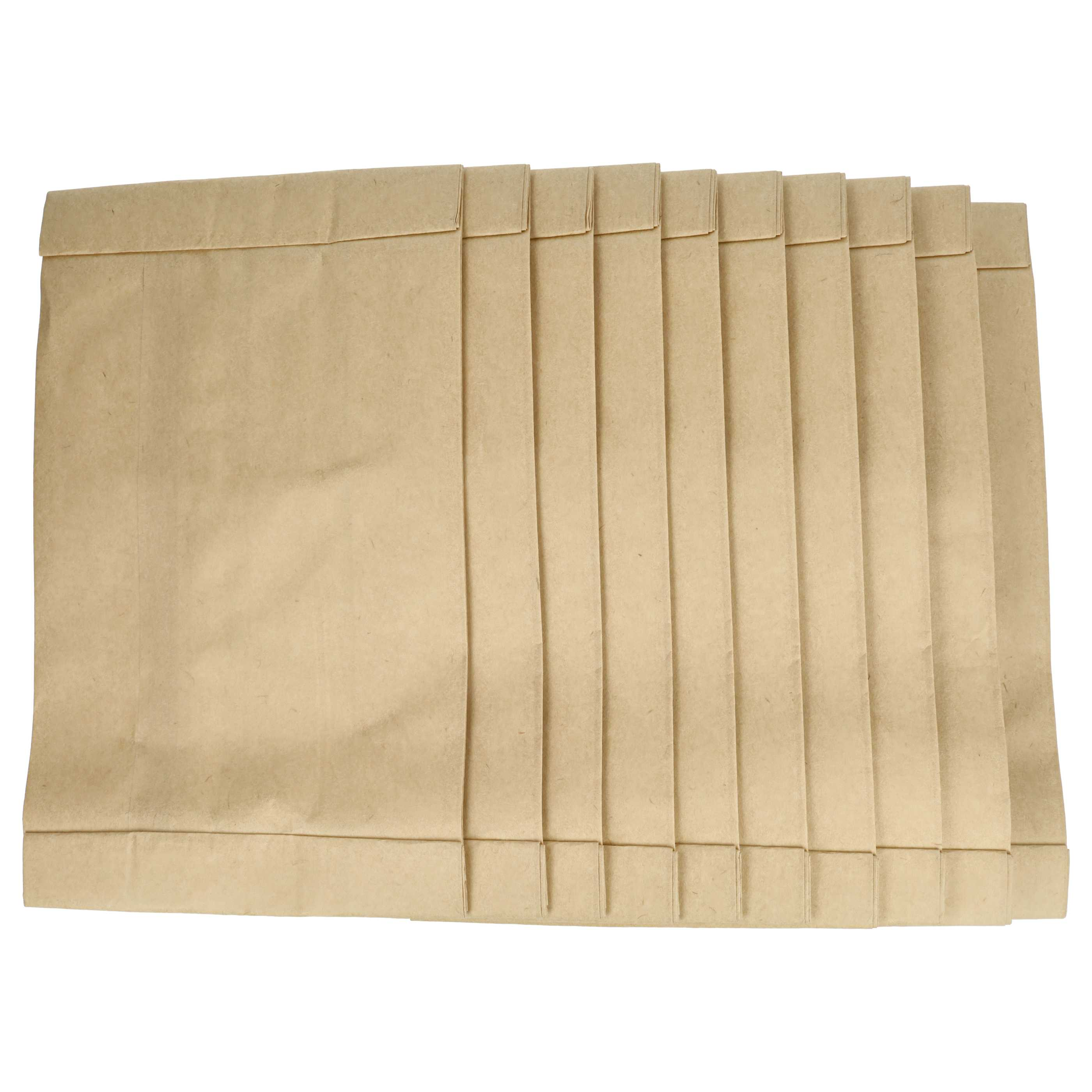 Mehrere gefaltete braune Papiertüten, nebeneinander angeordnet, vor weißem Hintergrund. Die Tüten sind leer.