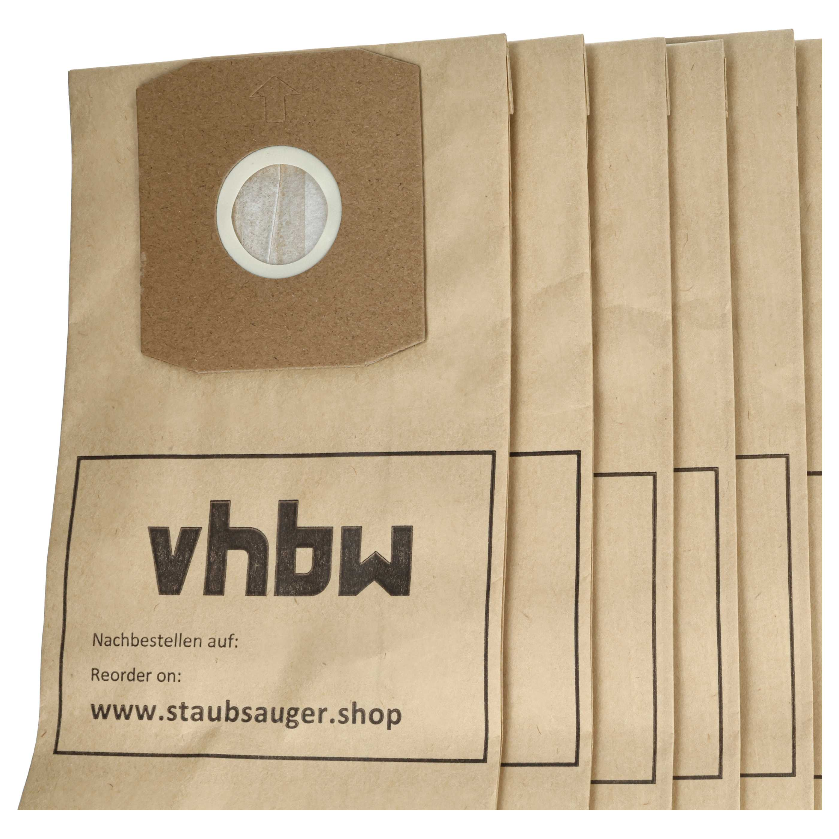Stapel brauner Staubsaugerbeutel. Ein Beutel hat einen sichtbaren Filter. Der Markenname 'vhbw' ist aufgedruckt.