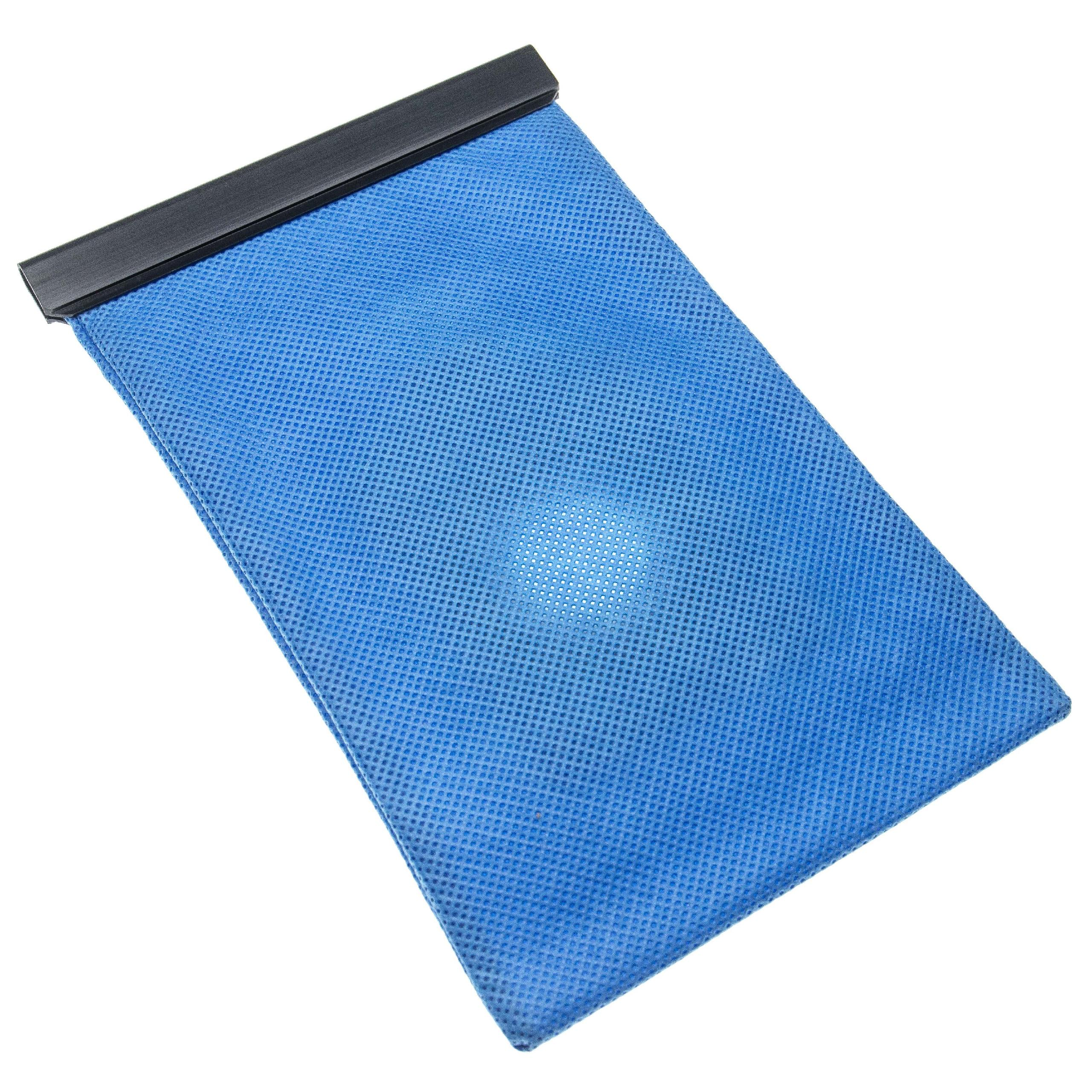 Ein blaues, rechteckiges, netzartiges Tuch mit einem schwarzen Balken oben, isoliert auf weißem Grund.