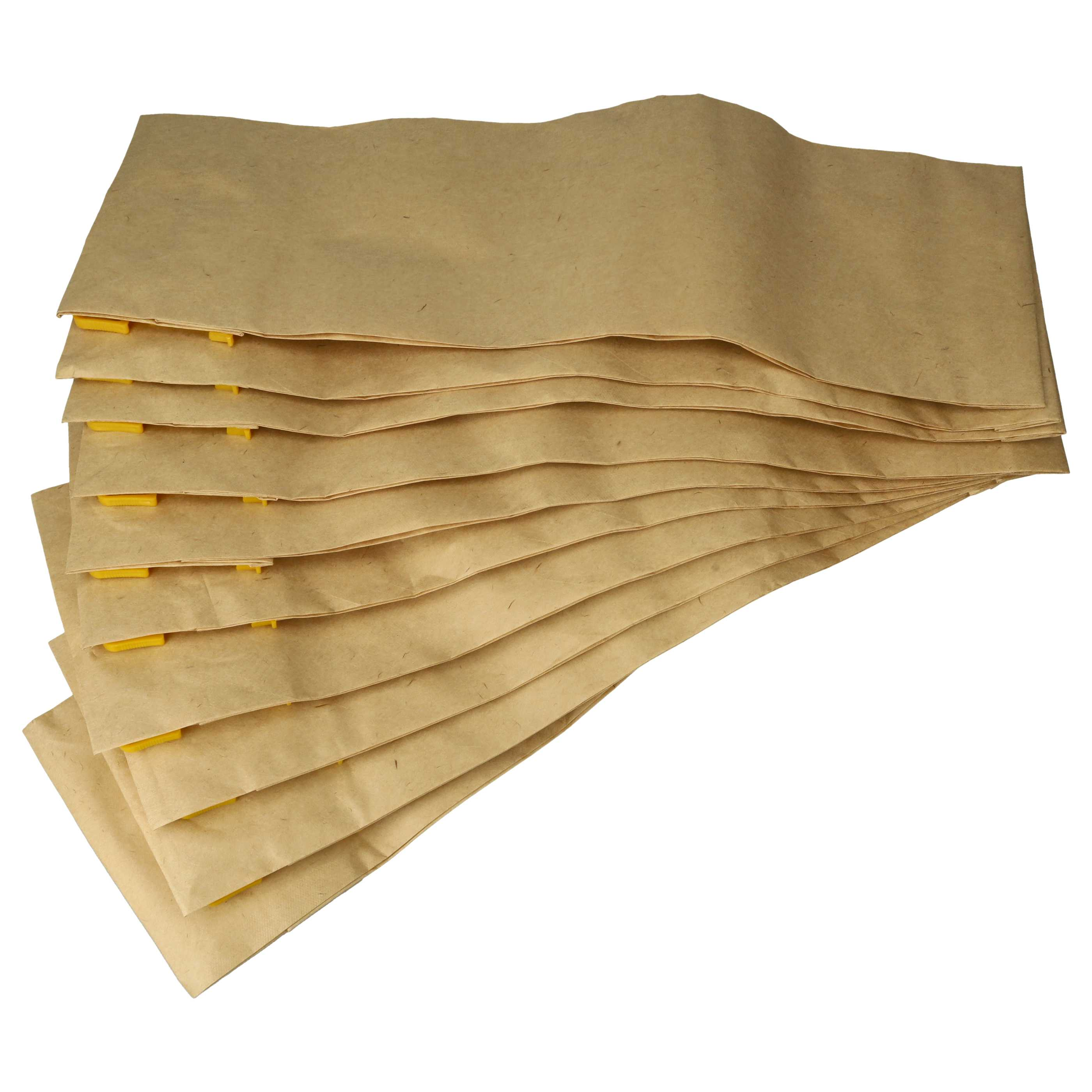 Stapel brauner Papierbögen mit gelben Clips oben. Die Bögen befinden sich auf weißem Hintergrund.