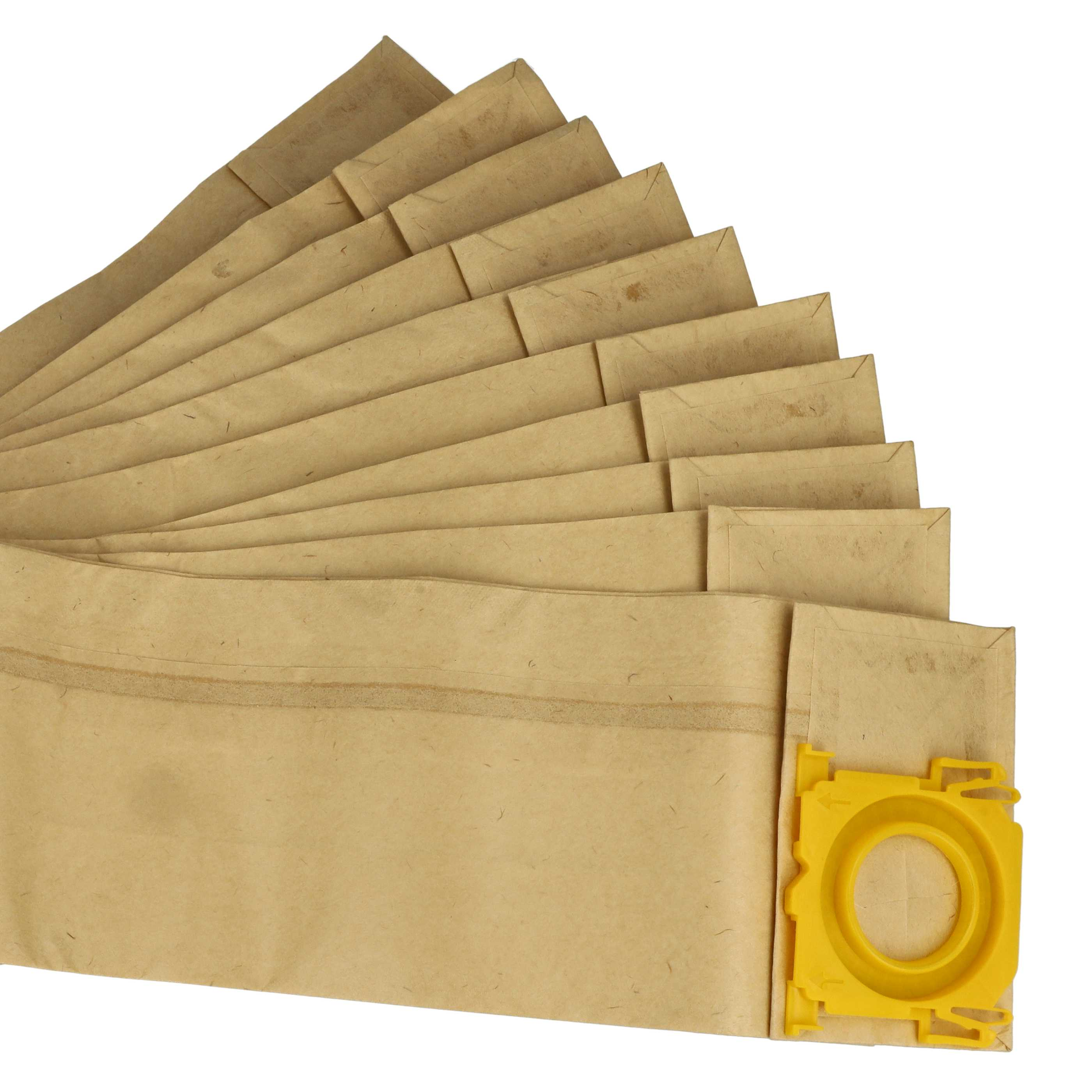 Fächerförmige Anordnung brauner Papiersaugerbeutel mit gelbem Kunststoffanschluss auf weißem Hintergrund.
