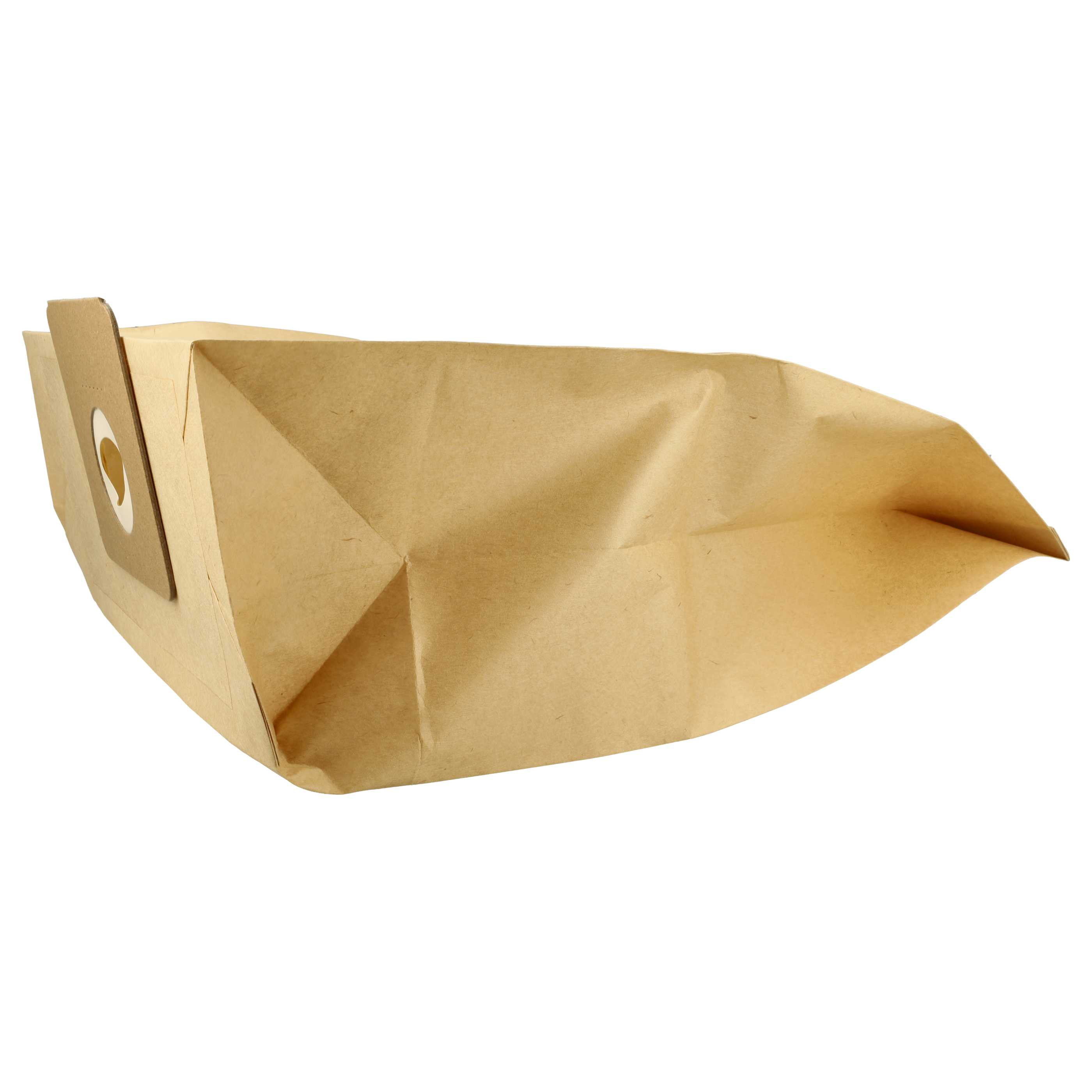 Ein brauner Papiersaugerbeutel mit einem Stück Pappe an der Seite. Der Beutel ist leer. Weißer Hintergrund.