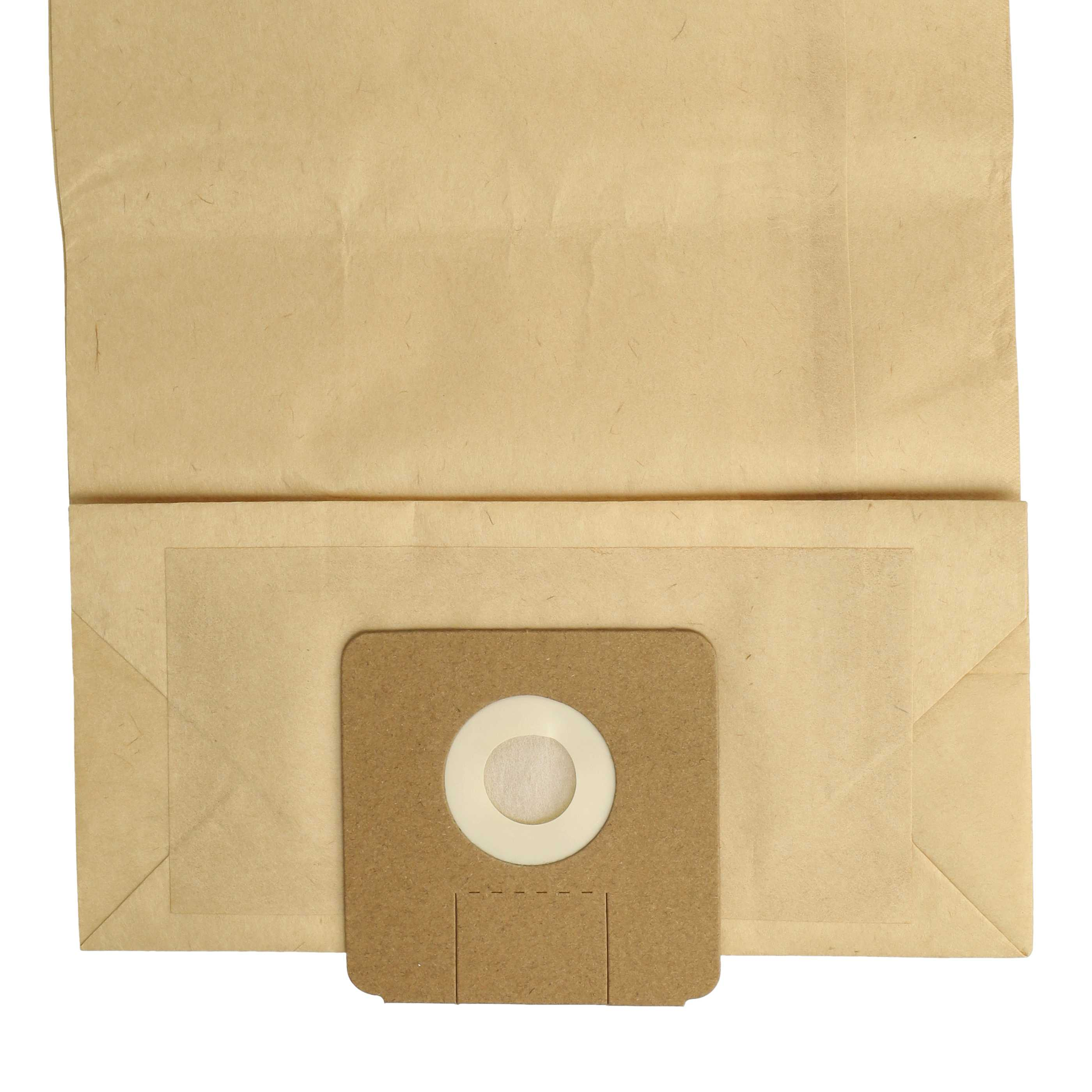Ein brauner Staubsaugerbeutel aus Papier mit einem weißen Ring um das Papploch.