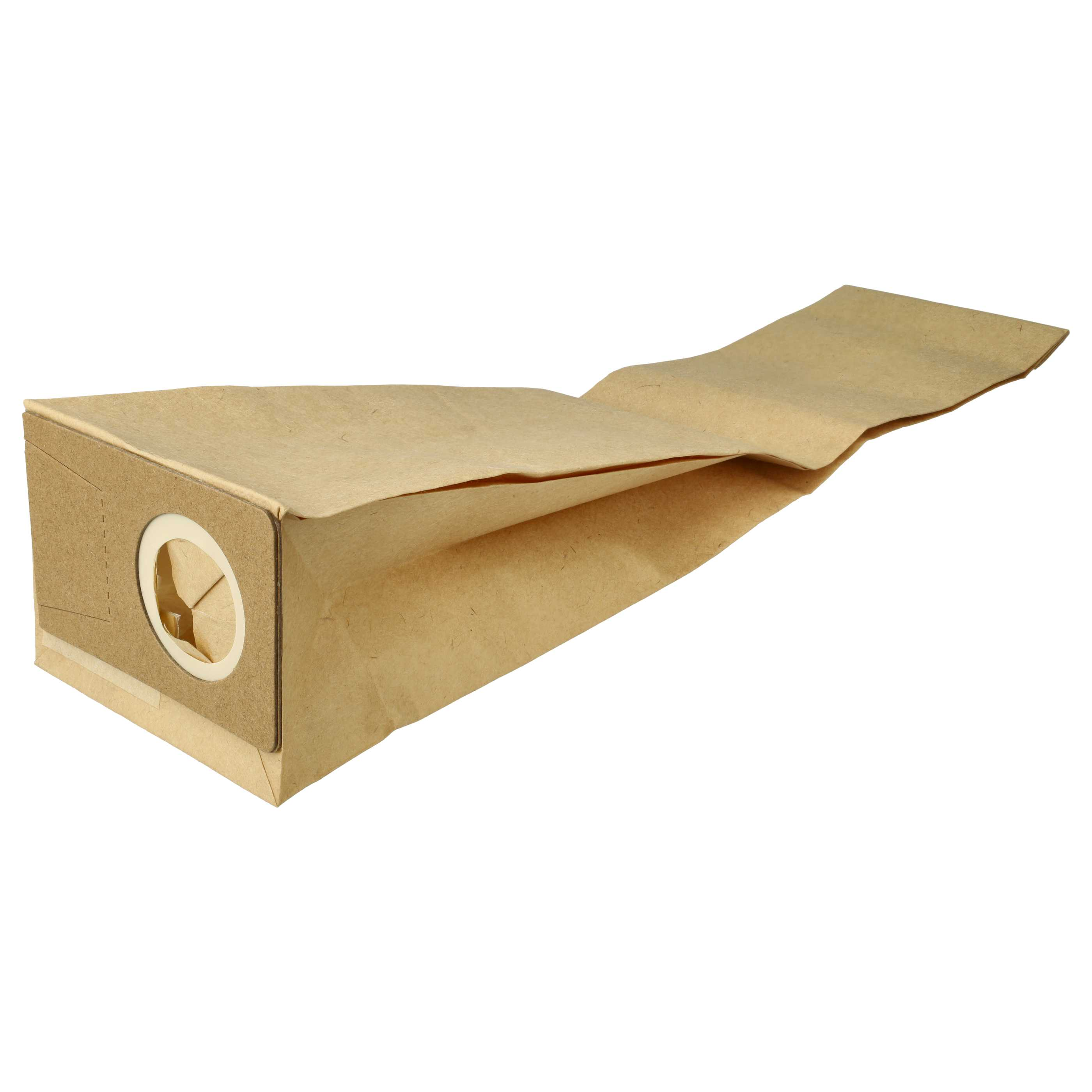Ein neuer, unbenutzter, brauner Papiersaugerbeutel. Die Tasche hat eine kreisförmige Öffnung und ist trapezförmig.