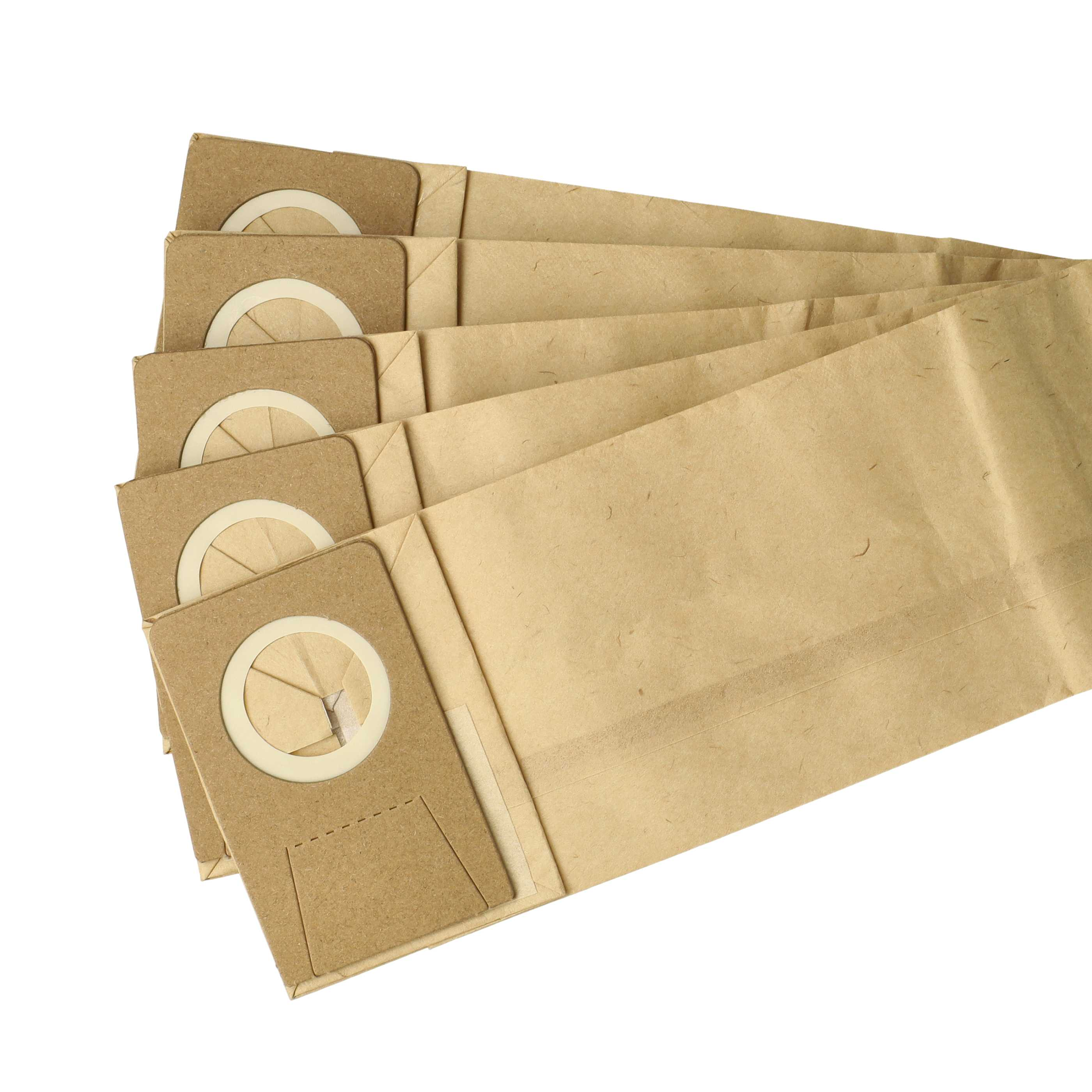 Mehrere braune Papiersaugerbeutel sind auf weißem Hintergrund aufgefächert. Jeder hat einen kreisförmigen Filter.