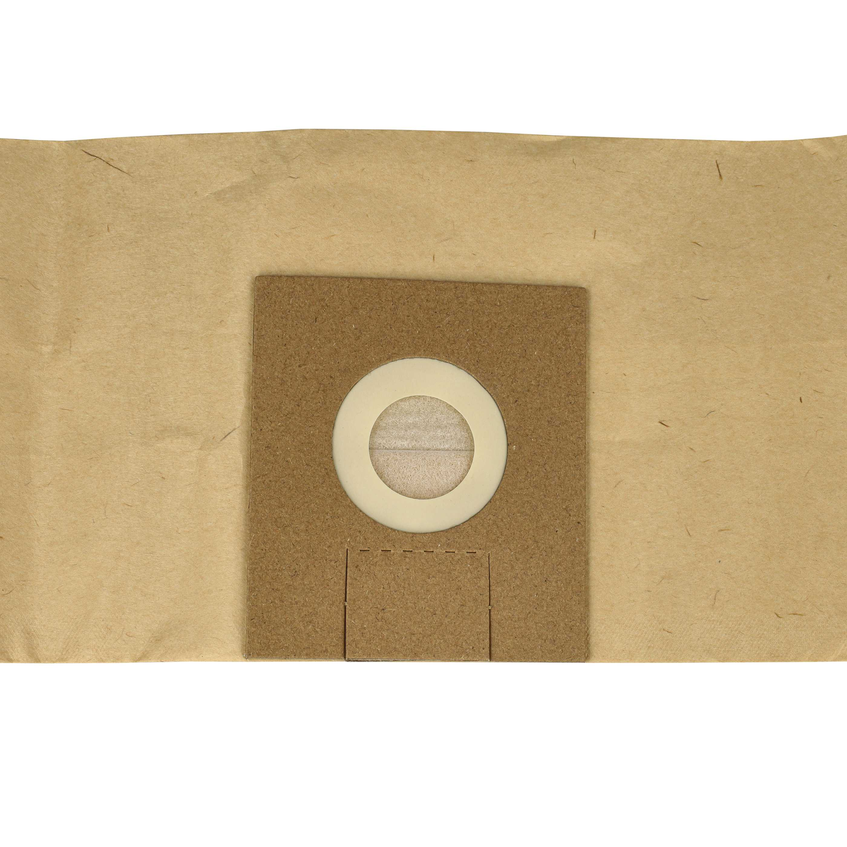 Ein brauner Papiersaugerbeutel mit einem braunen Kartoneinsatz. Der Einsatz hat einen weißen Ring und eine rechteckige Öffnung.