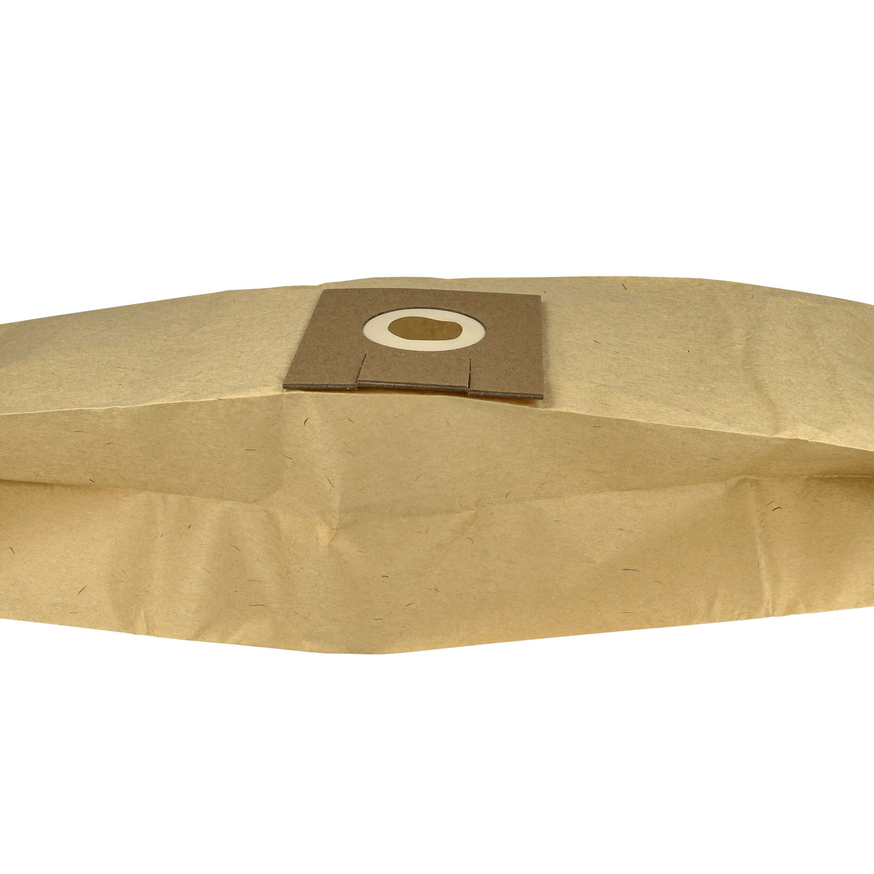 Nahaufnahme eines braunen Staubsaugerbeutels aus Papier mit einer Kartonöffnung oben. Weißer Hintergrund.