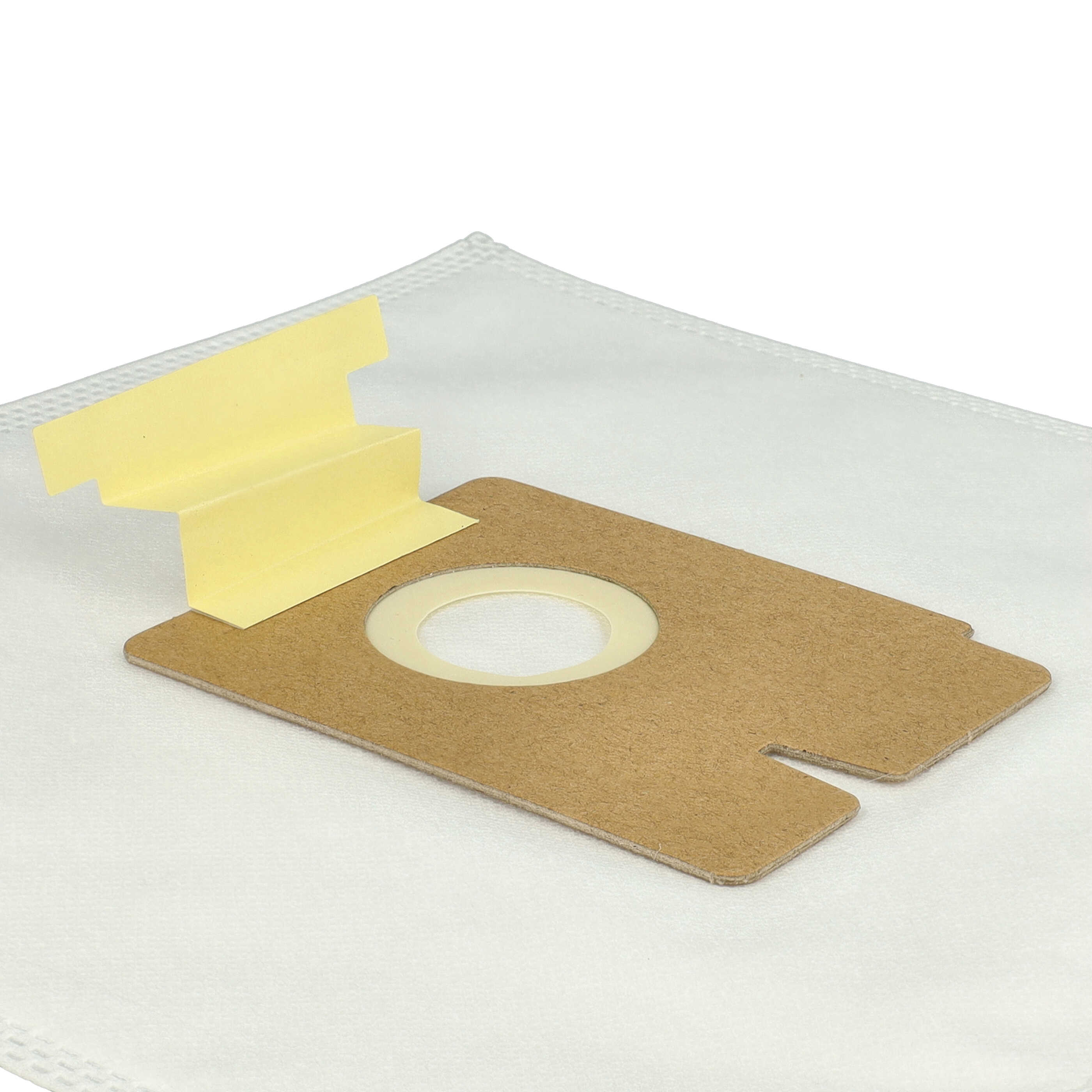 Staubsaugerbeutel mit Pappe und gelber Papierklappe. Weißer Hintergrund.