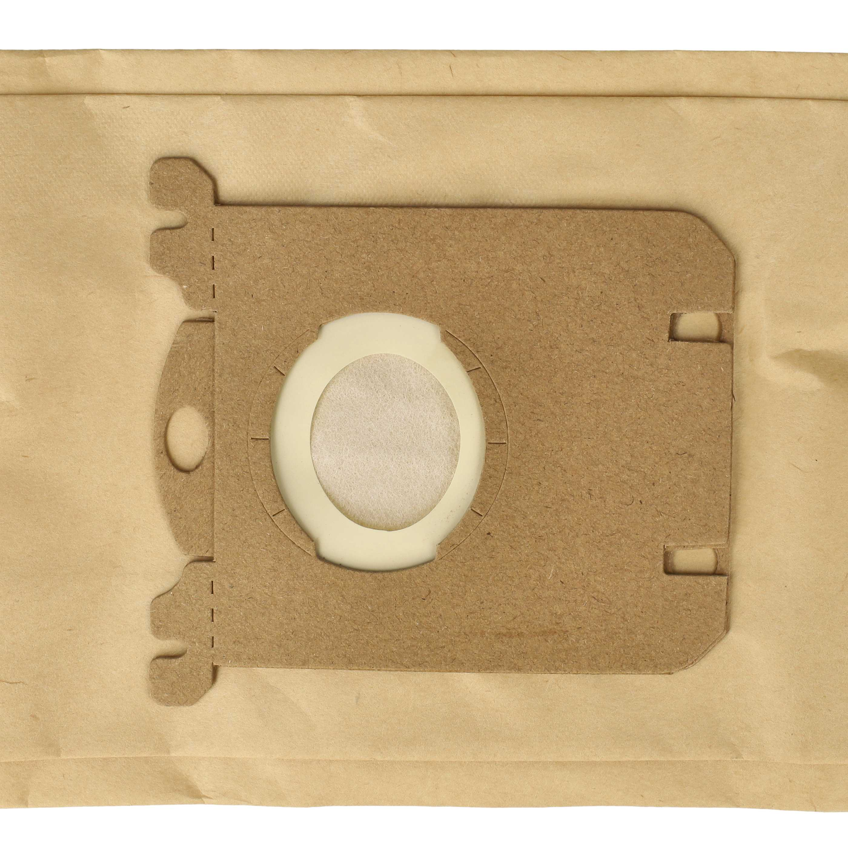 Ein brauner Staubsaugerbeutel mit weißem Mittelring und Kartonrahmen.