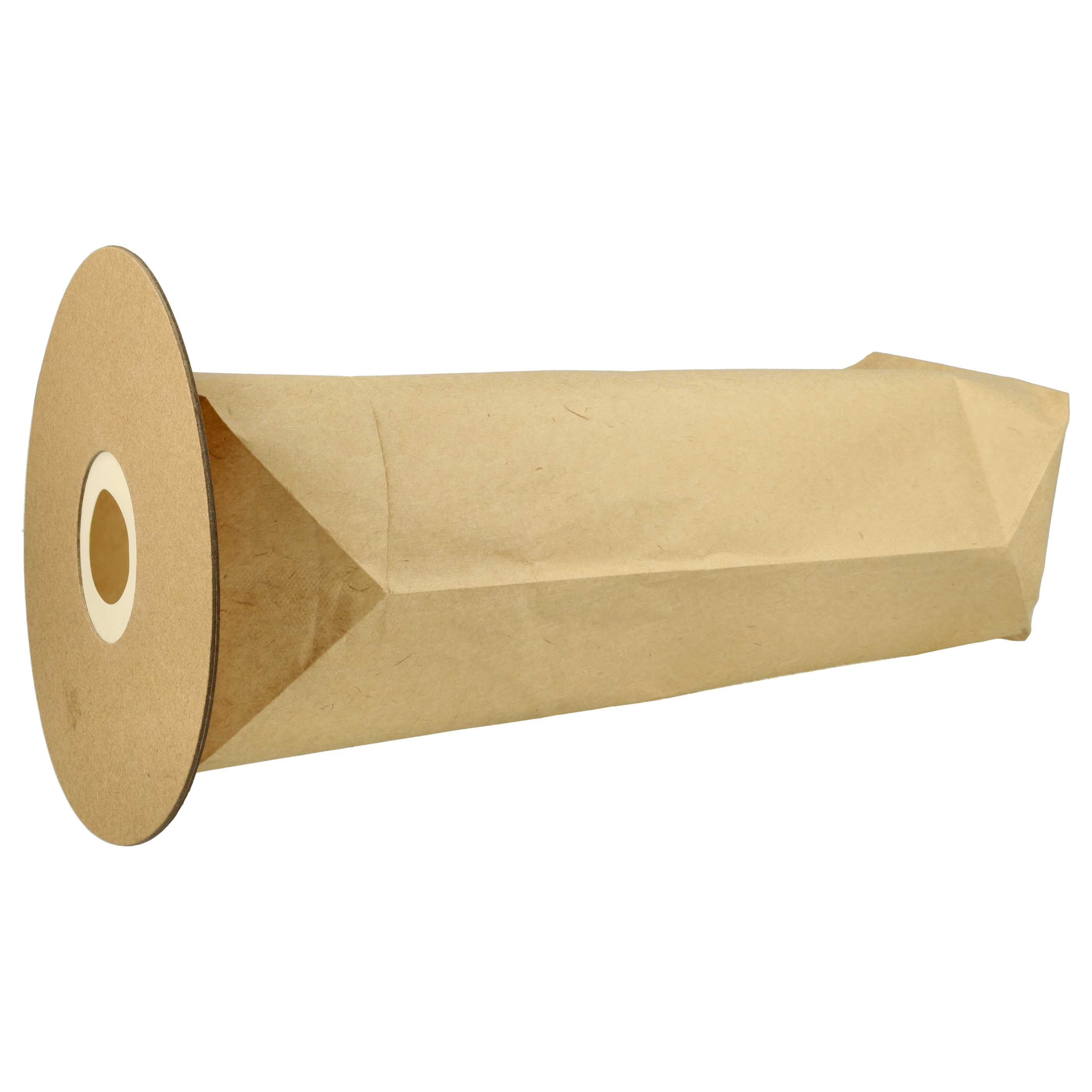 Ein papierähnliches Objekt, tanfarben, mit einem kreisförmigen Teil links und einem rechteckigen Beutel rechts.