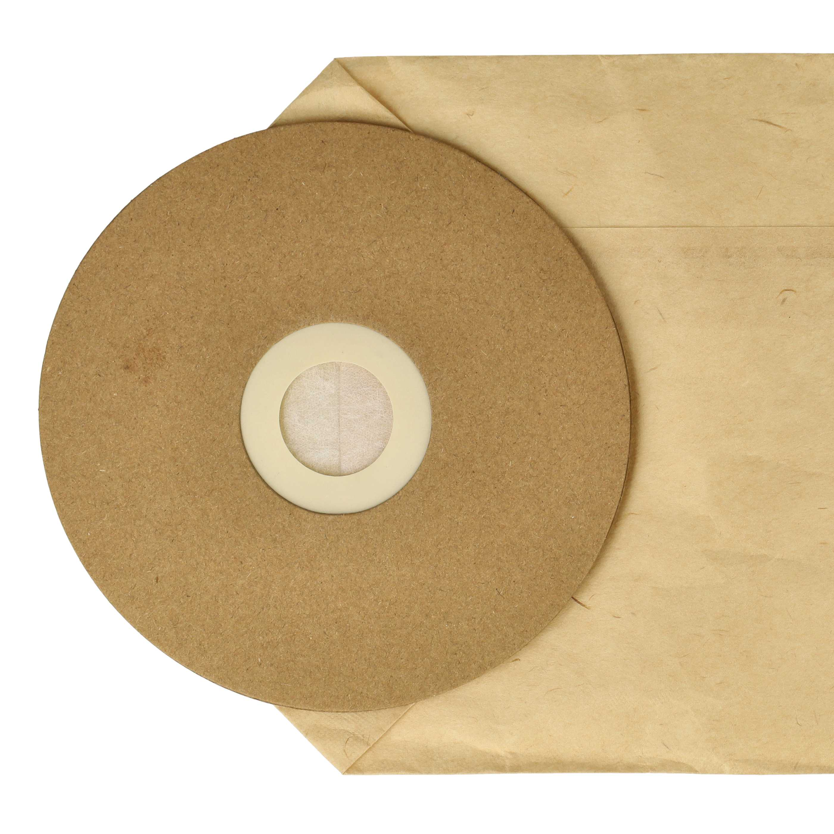 Ein brauner Staubsaugerbeutel mit einem beigefarbenen Papierumschlag. Der Beutel hat eine kreisförmige Öffnung mit einem weißen Ring.