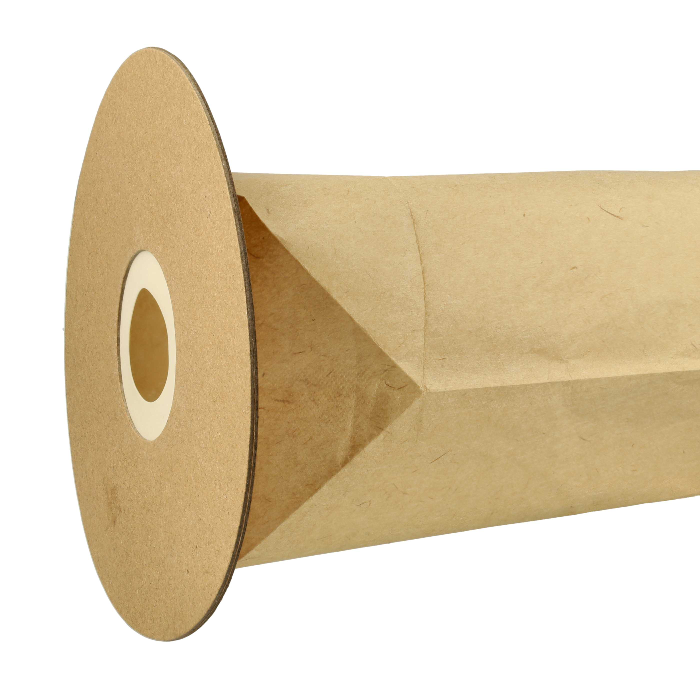 Eine braune Papierrolle mit einem weißen Ausschnitt in der Mitte, vor weißem Hintergrund.