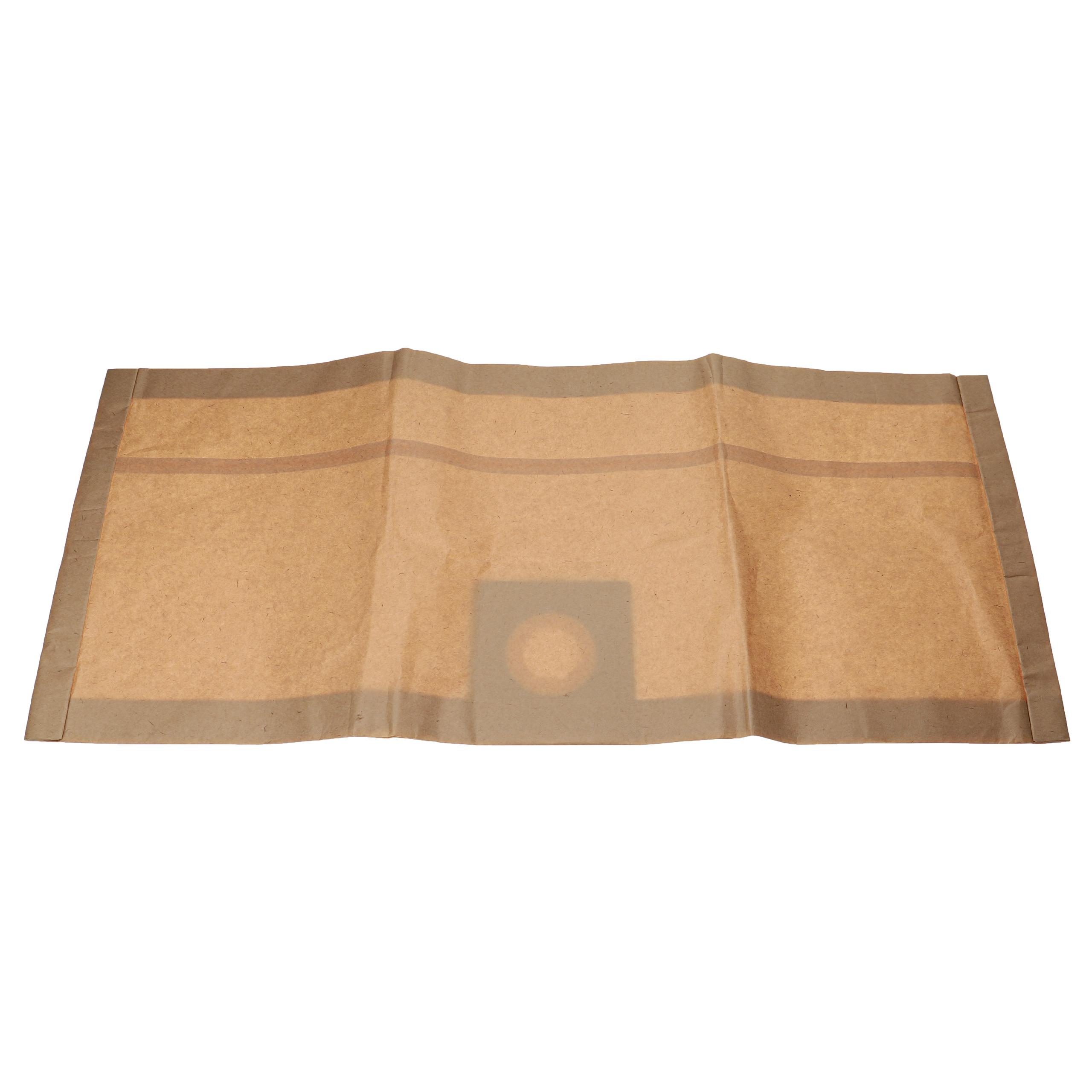 Ein brauner Papierstaubsaugerbeutel, gefaltet. Die Tasche hat ein Quadrat in der Mitte mit einem runden Loch. Weißer Hintergrund.
