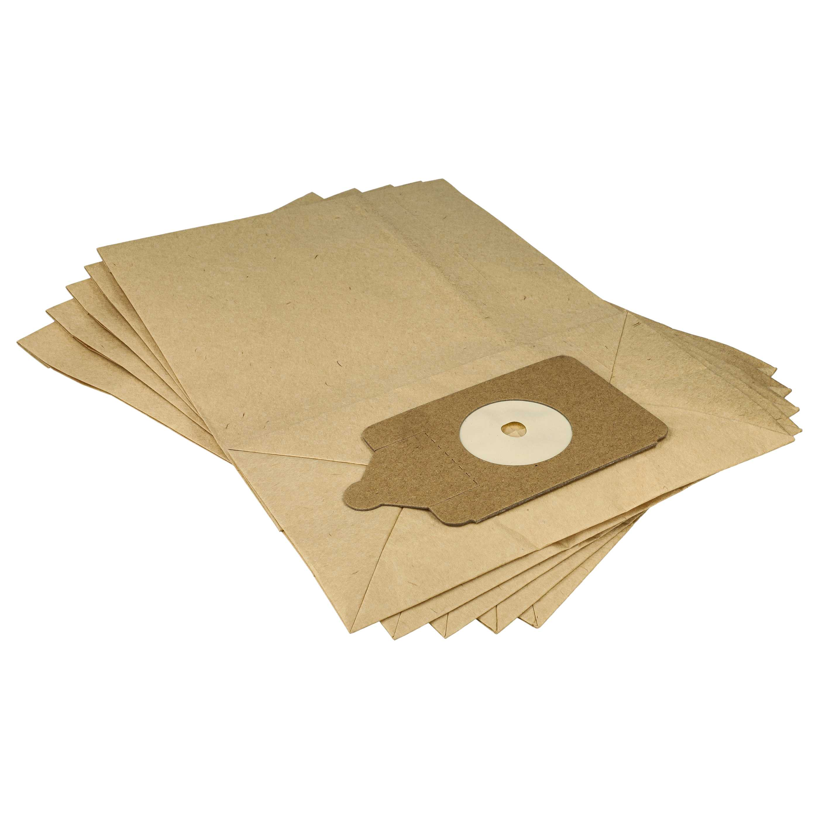 Ein Stapel brauner Papiersaugerbeutel. Ein Beutel hat einen braunen Filteraufsatz mit einem weißen Kreis.
