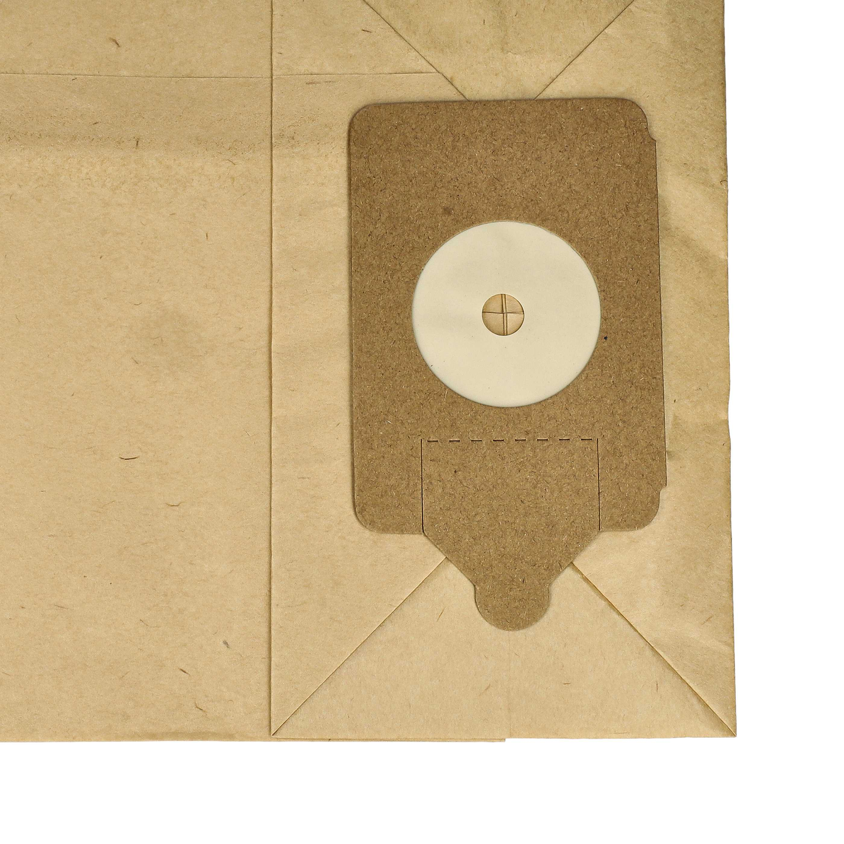 Ein brauner Papiersaugerbeutel mit einem braunen Kartoneinsatz. Der Einsatz hat einen weißen Kreis mit einem Kreuz darin.