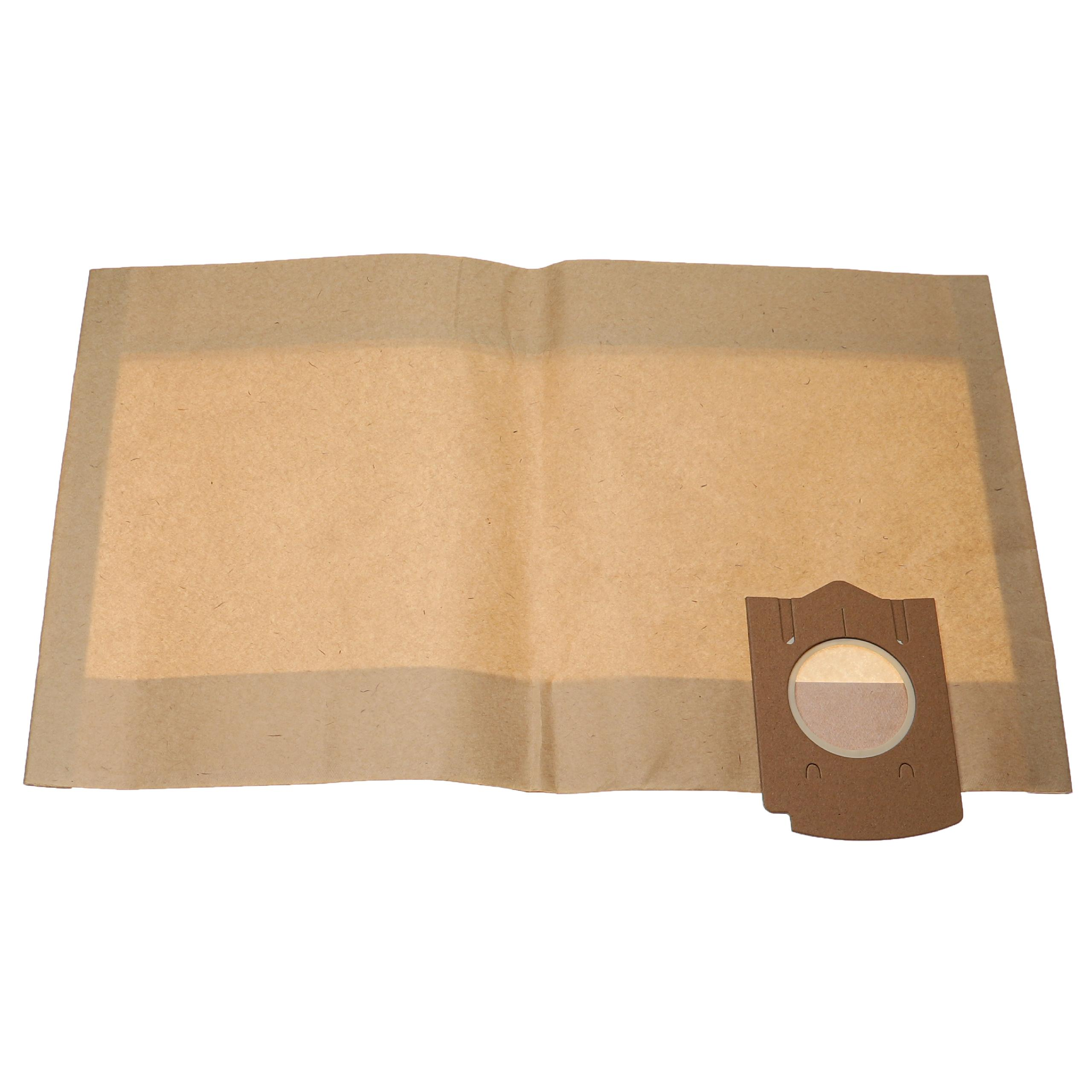 Ein brauner Staubsaugerbeutel liegt auf einer weißen Oberfläche. Er besteht aus Papier. Der Beutel hat eine kreisförmige Öffnung.