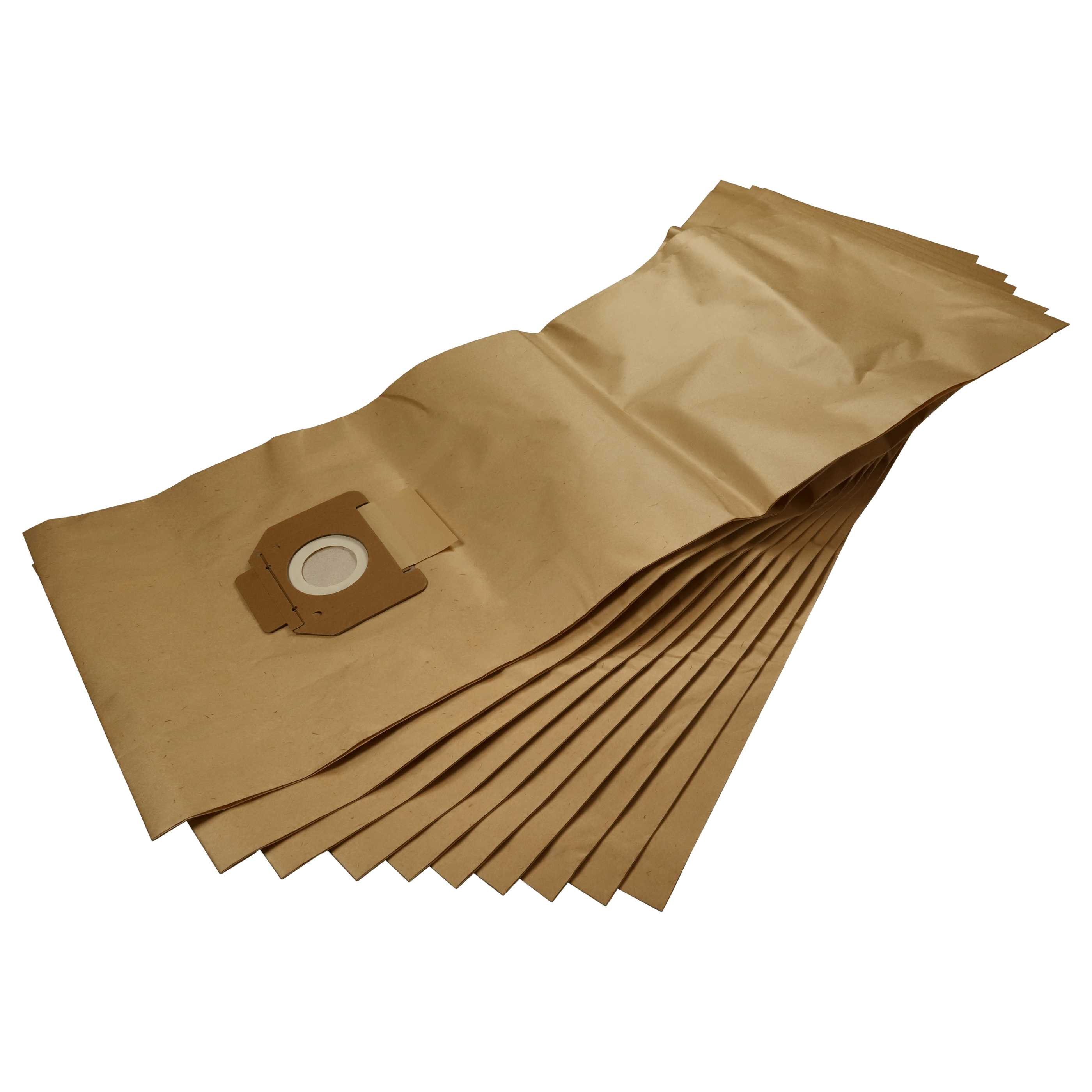 Ein Stapel brauner Papiersaugerbeutel. Ein Beutel ist geöffnet und zeigt den Filteranschluss.