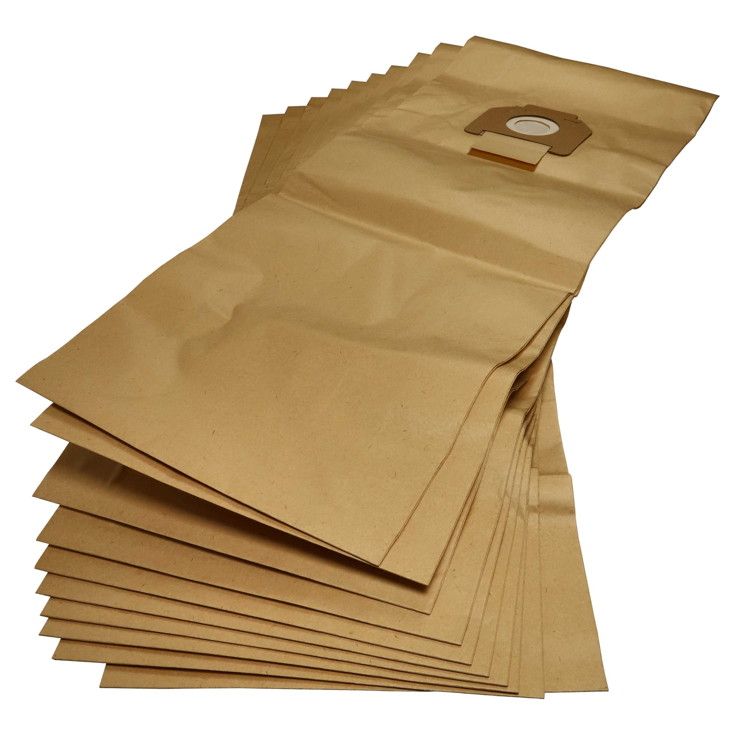 Ein Stapel brauner Staubsaugerbeutel auf weißem Untergrund. Die Beutel sind aus Papier, einer hat einen Kartonfilter.