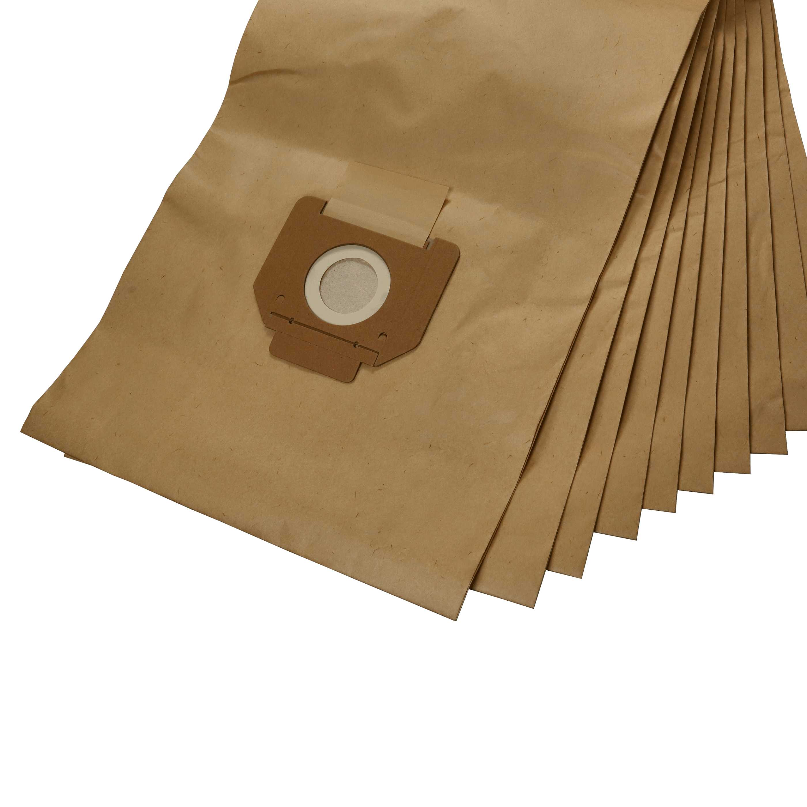 Stapel brauner Staubsaugerbeutel aus Papier, einer zeigt einen Papier- und Kunststoffaufsatz mit kreisförmiger Öffnung.