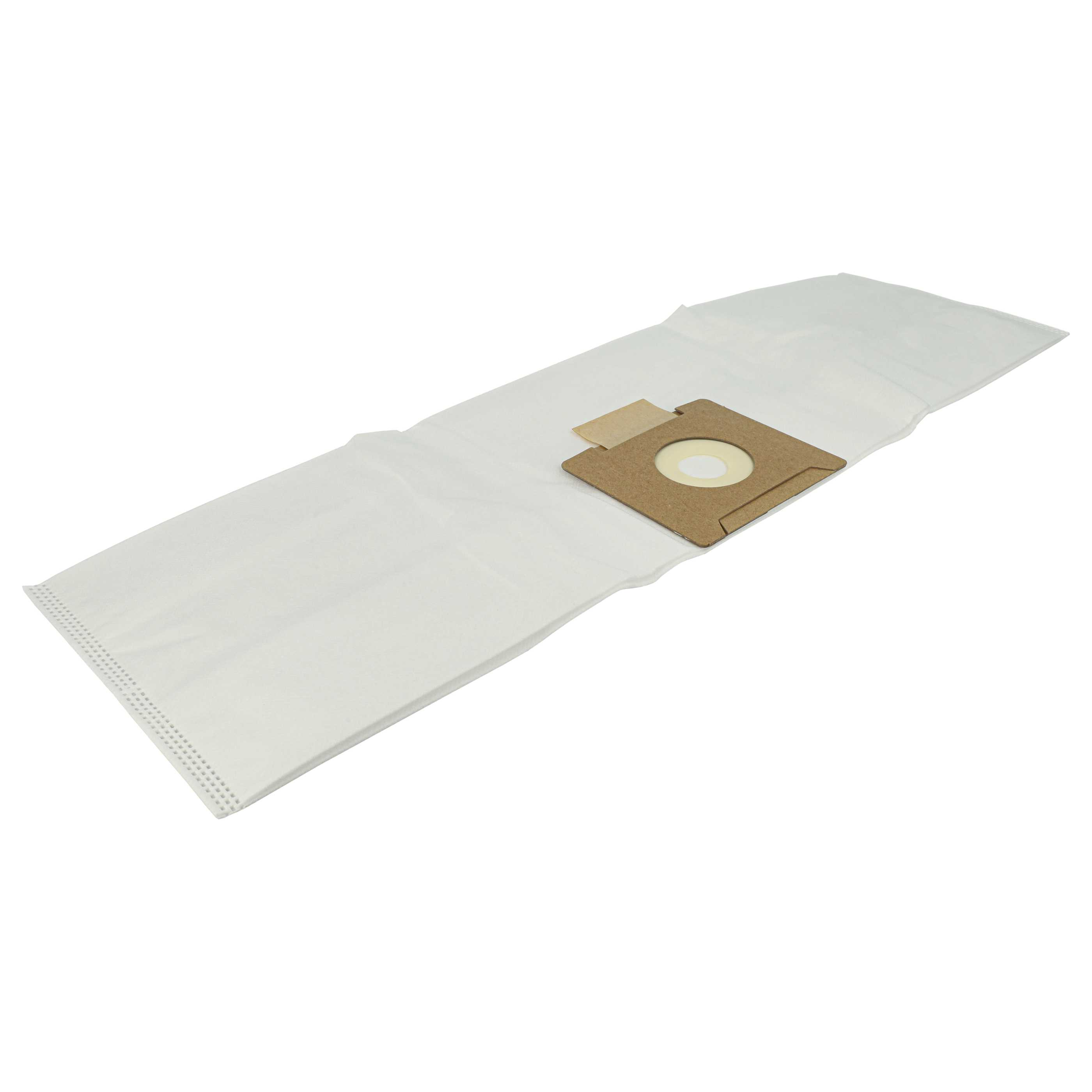 Staubsaugerbeutel auf weißem Hintergrund. Er ist weiß mit einem braunen Papierbefestigungsteil und einem zentralen Loch.