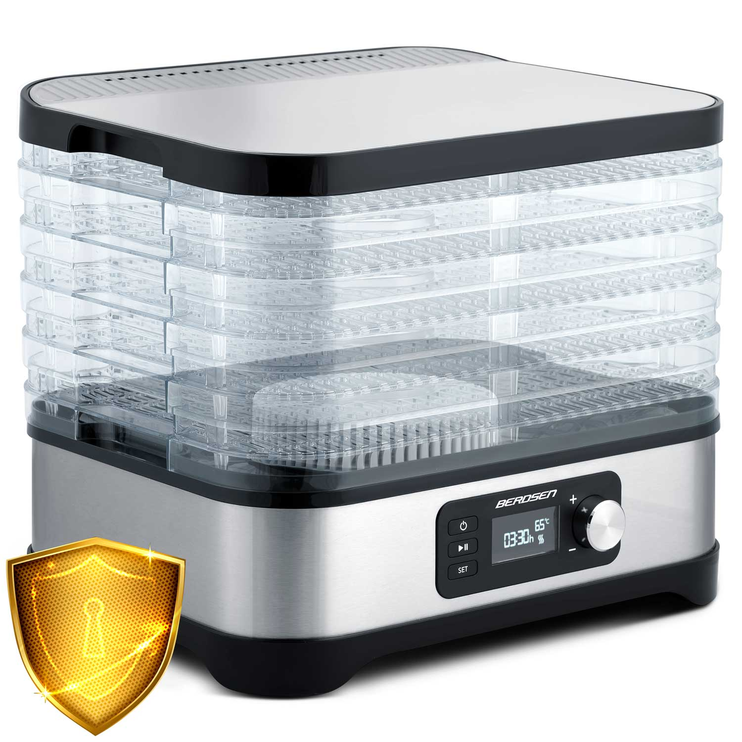 Suszarka do żywności z wieloma przezroczystymi tacami. Posiada wyświetlacz cyfrowy i pokrętło. Złota tarcza z kluczem znajduje się z boku.