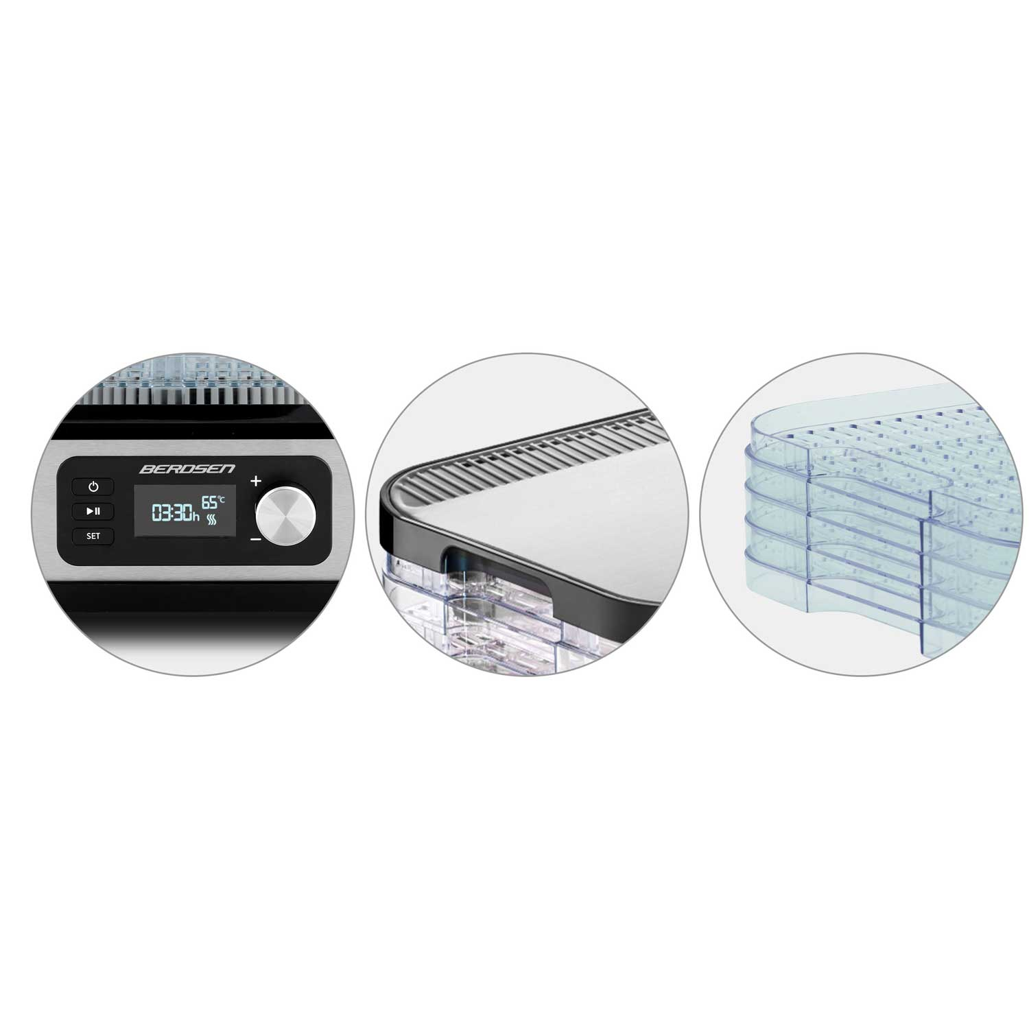 Obraz przedstawia suszarkę do żywności z wyświetlaczem cyfrowym, otworami wentylacyjnymi i ułożonymi przezroczystymi tacami. Szczegóły obejmują czas, temperaturę i elementy sterujące.