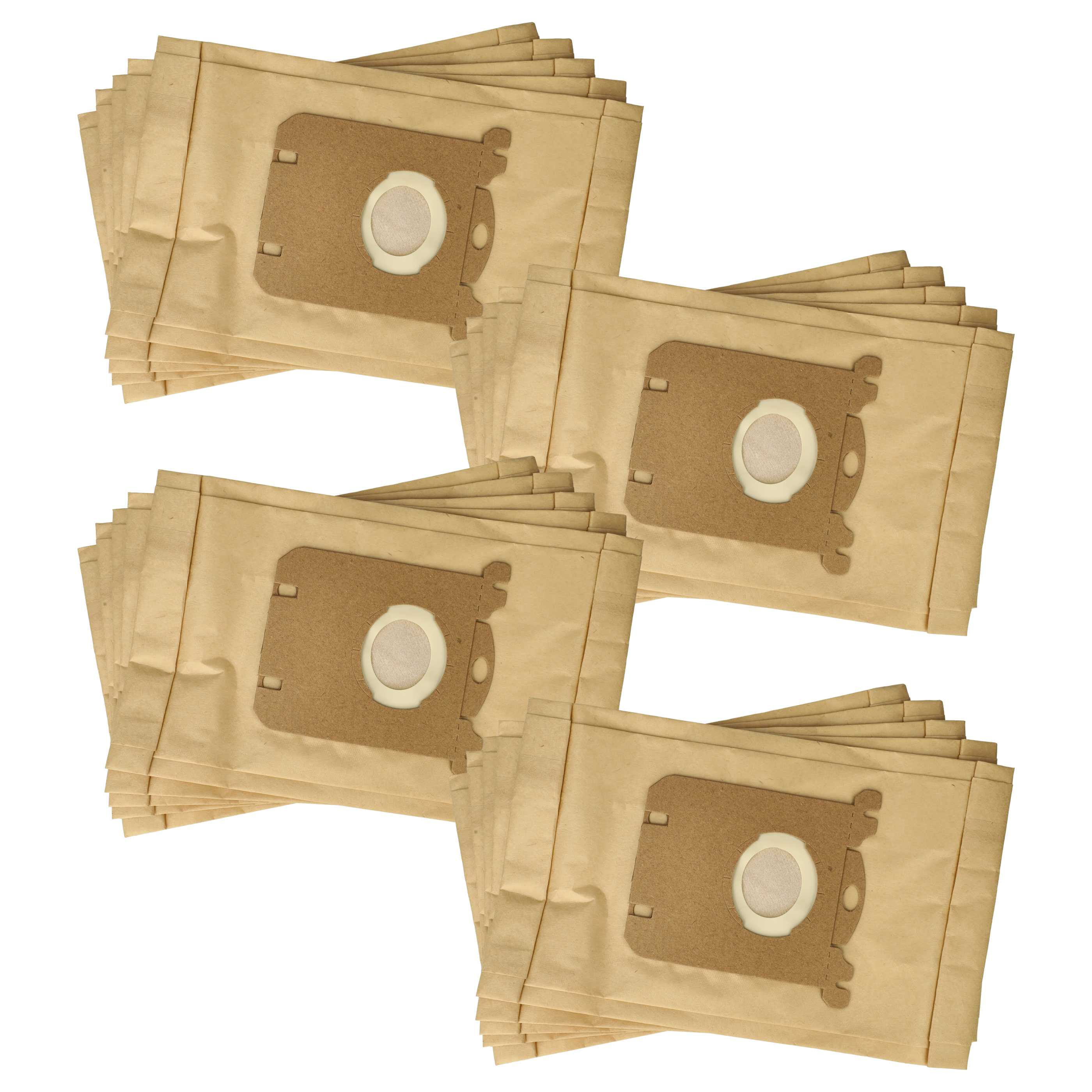 Mehrere Staubsaugerbeutel, beige, sind in Stapeln angeordnet. Jeder Beutel hat einen braunen Pappbereich.