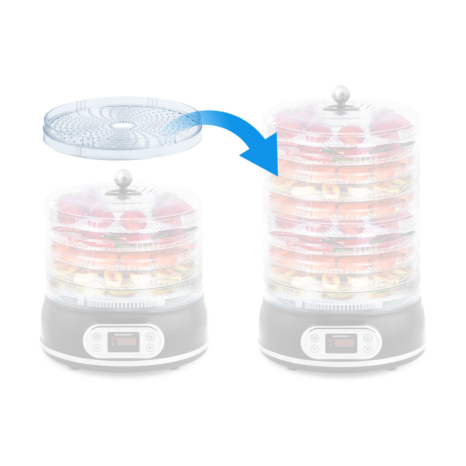 Suszarka do żywności z dodawaną tacką. Suszarka ma wiele tacek z jedzeniem. Niebieska strzałka pokazuje pozycję tacki.